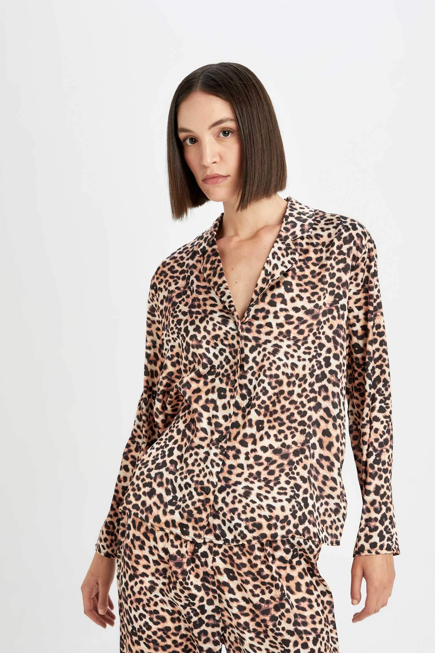 Pijama Takım Saten Leopar Desenli Uzun Kollu Üst Beli Lastikli Alt-Fall in Love