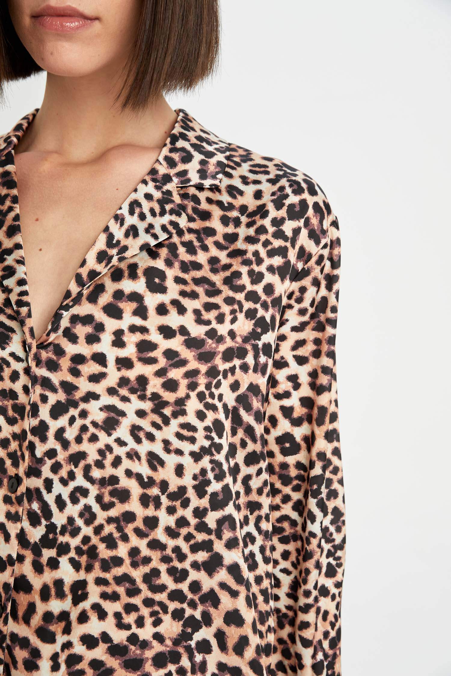 Pijama Takım Saten Leopar Desenli Uzun Kollu Üst Beli Lastikli Alt-Fall in Love