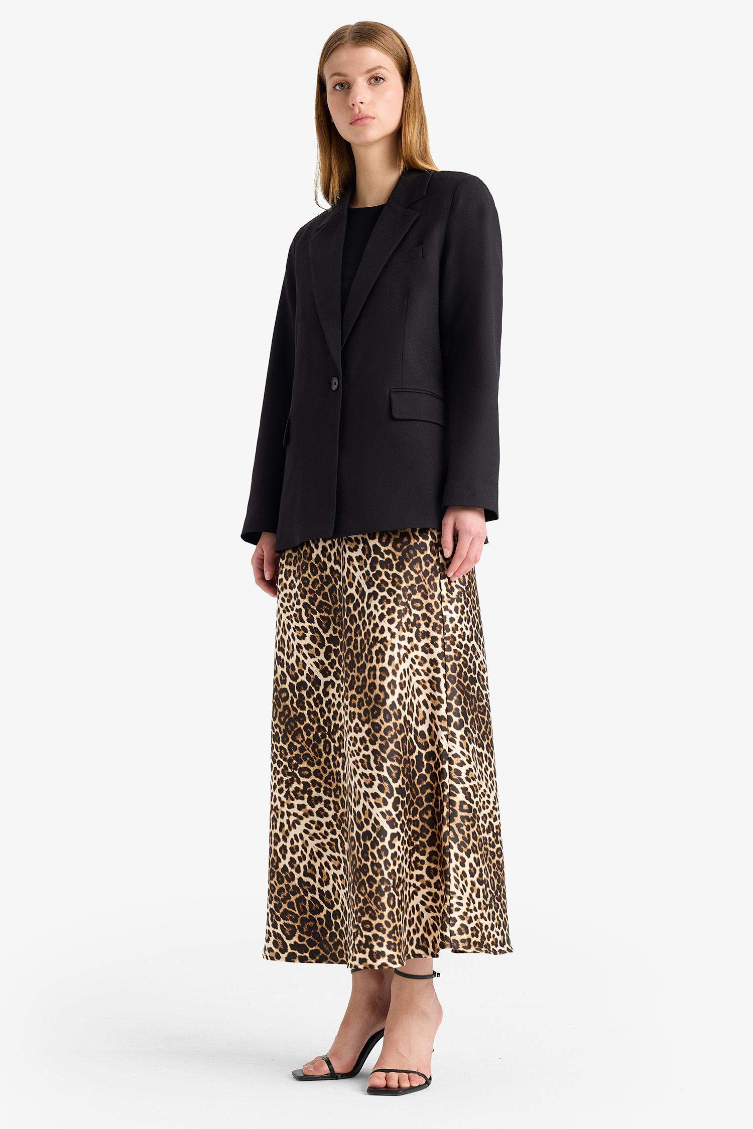 A Cut Animal Print Satin High Waist Maxi Skirt