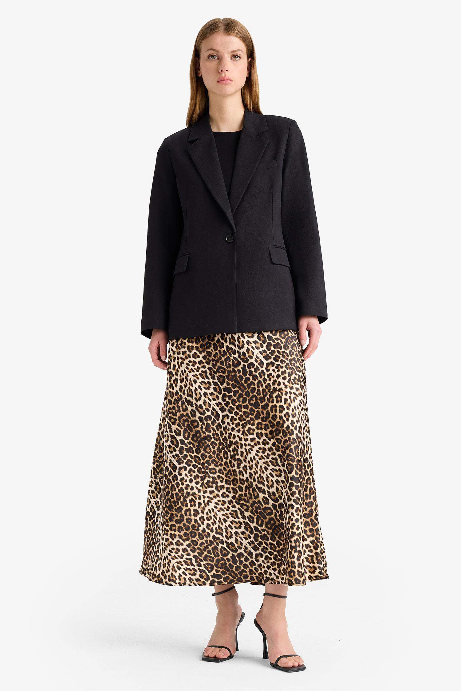 A Cut Animal Print Satin High Waist Maxi Skirt