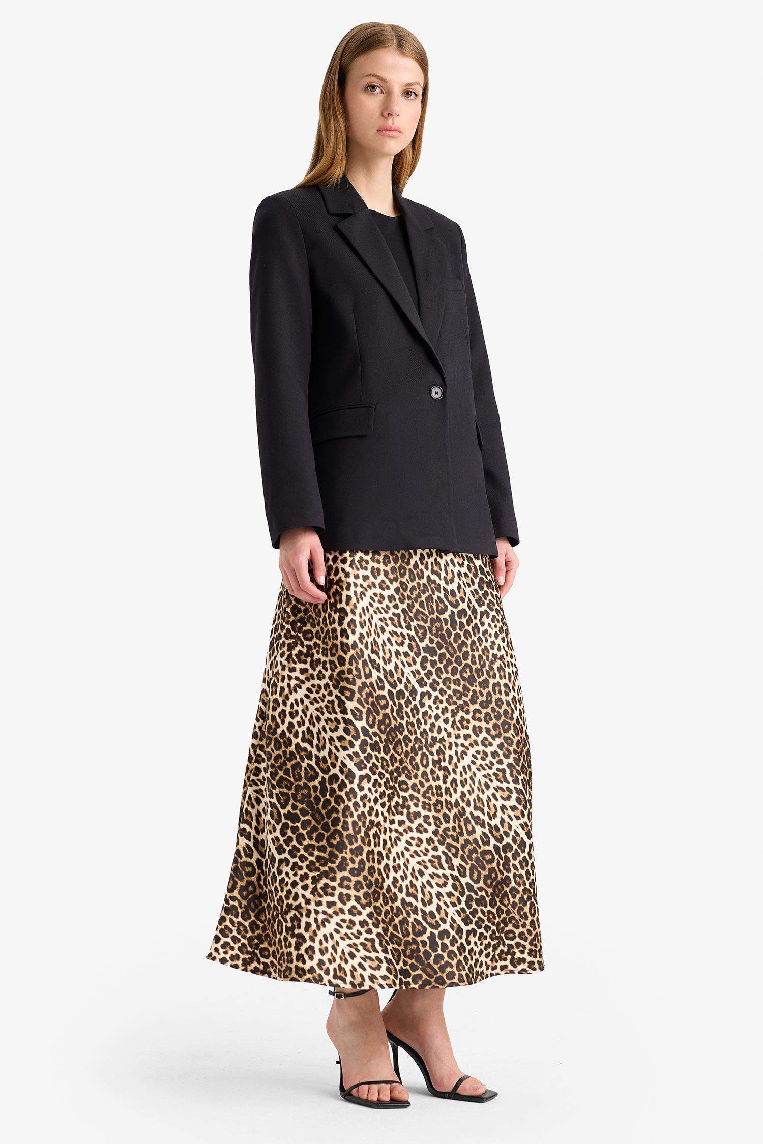 A Cut Animal Print Satin High Waist Maxi Skirt