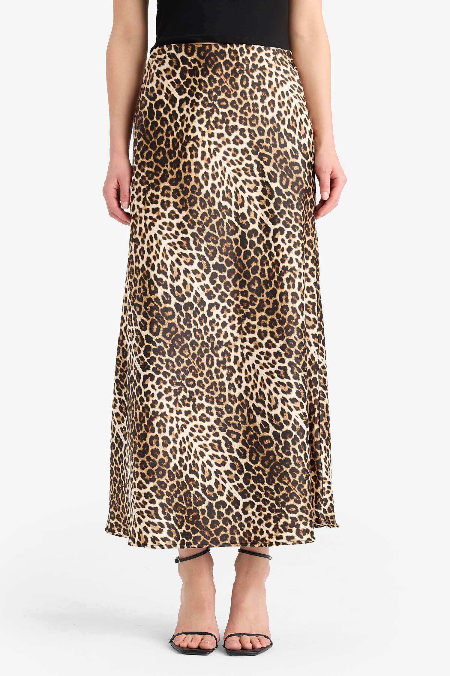 A Cut Animal Print Satin High Waist Maxi Skirt