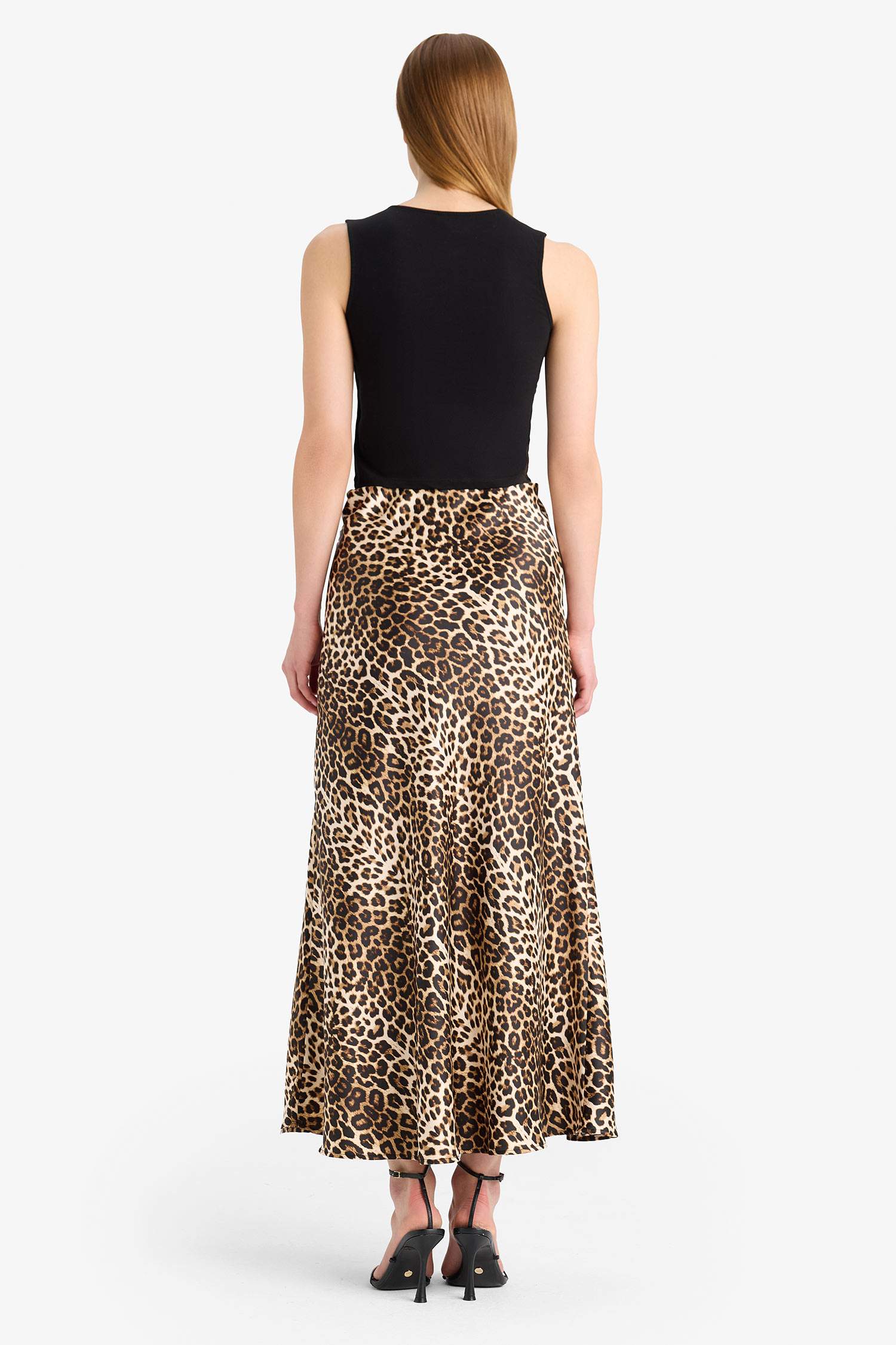 A Cut Animal Print Satin High Waist Maxi Skirt