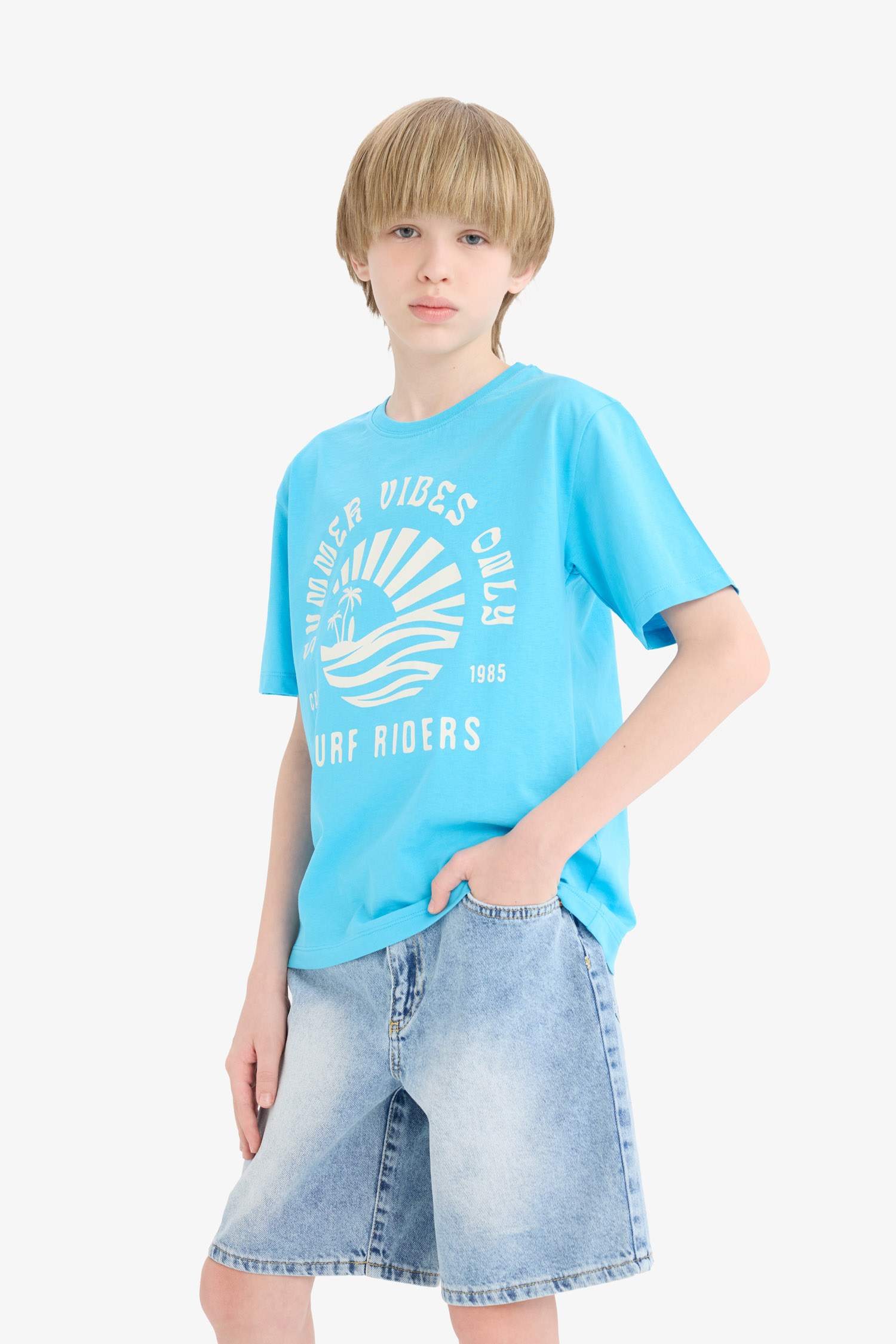 Erkek Çocuk Bisiklet Yaka Baskılı Kısa Kollu Tişört