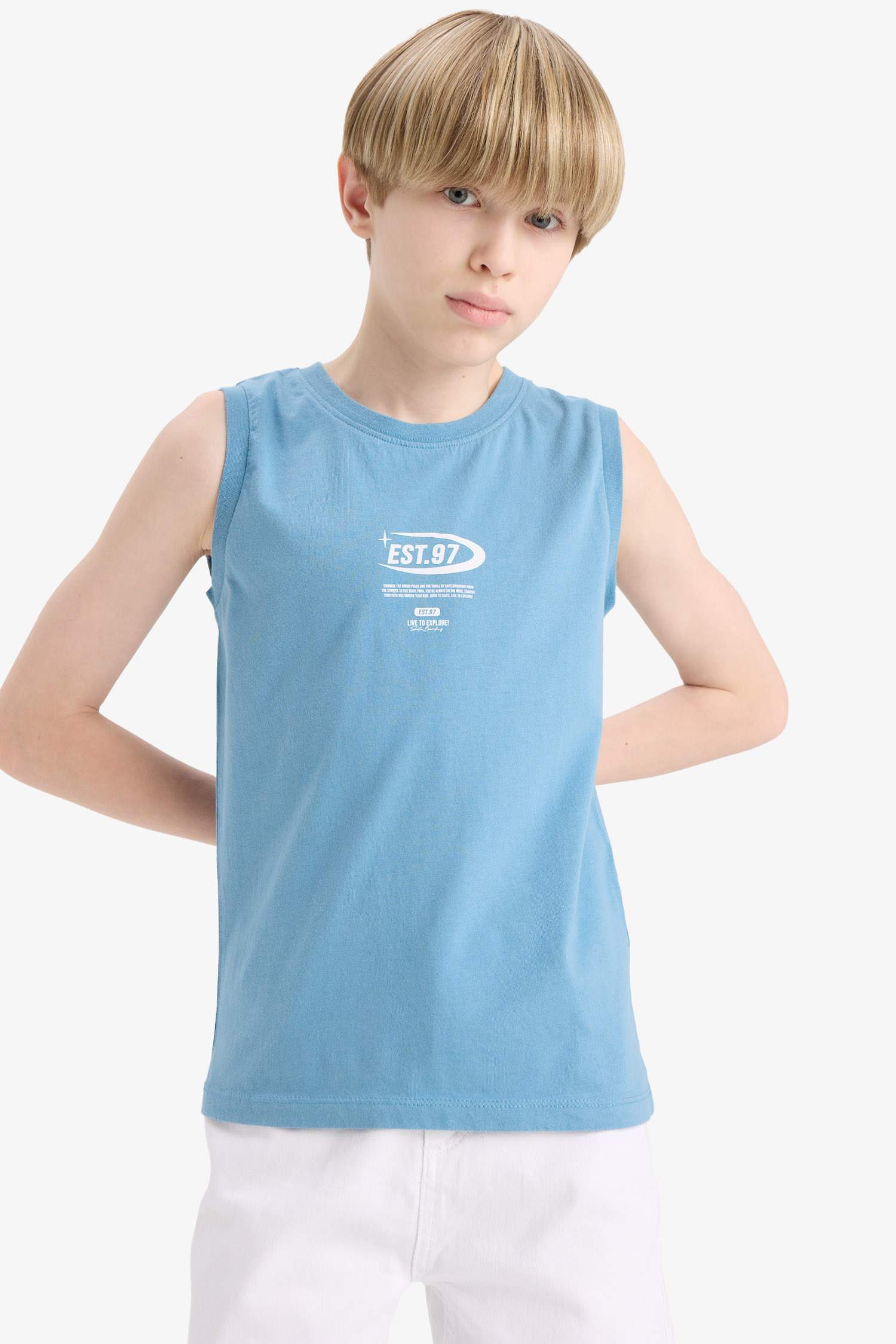 تيشيرت كت اولادي أزرق قصة عادية بطبعة ورقبة مستديرة