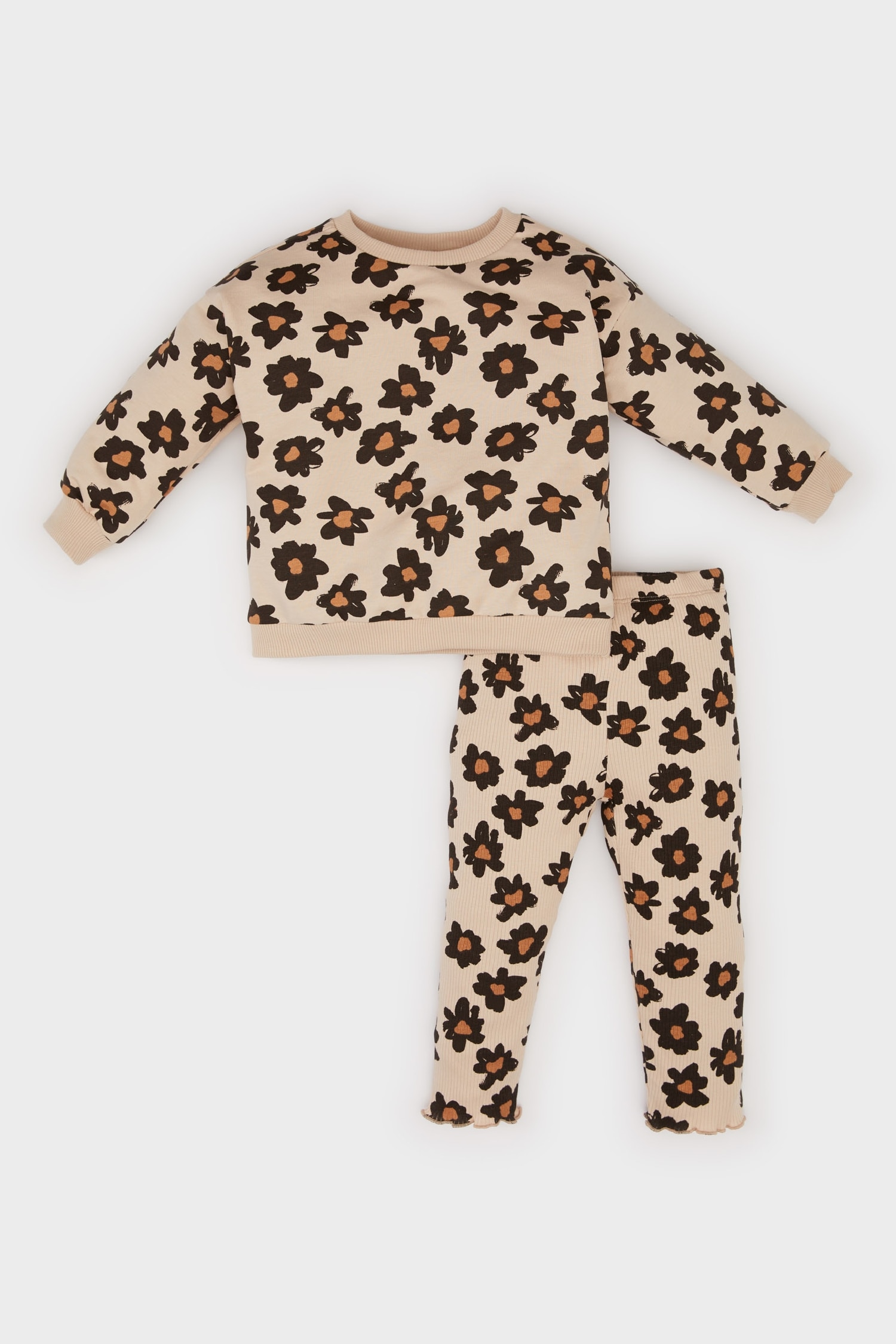 Kız Bebek 2'li Takım Çiçekli Sweatshirt Beli Lastikli Alt