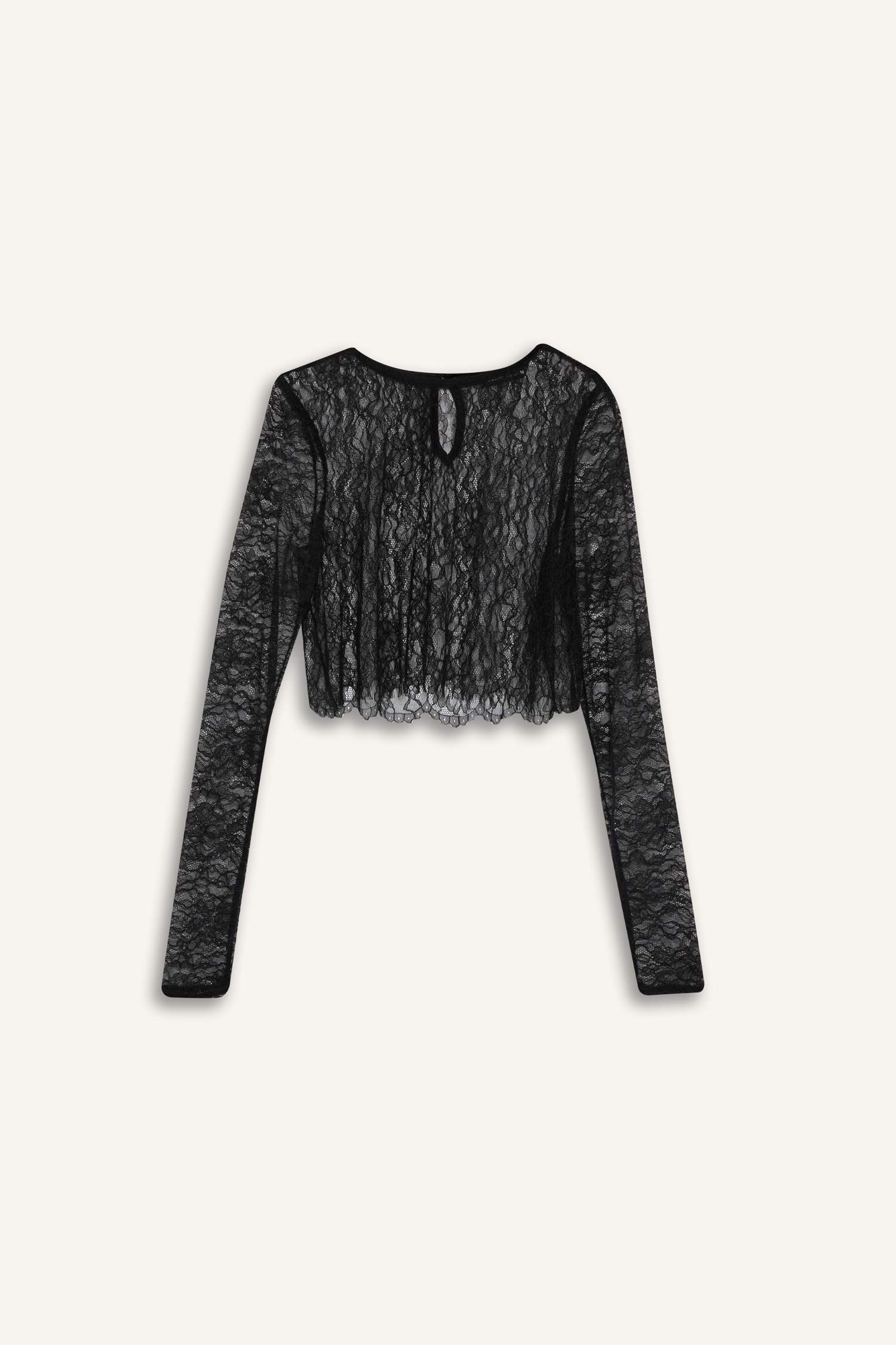 Crop Bisiklet Yaka Dantel Uzun Kollu Bluz