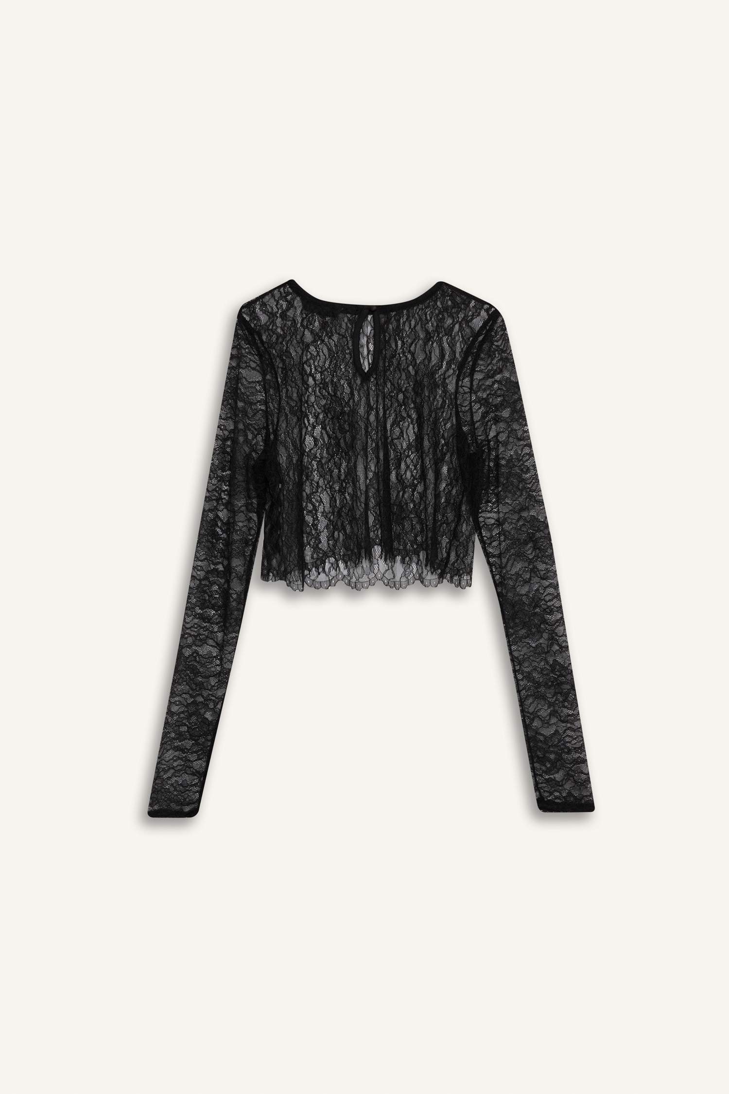 Crop Bisiklet Yaka Dantel Uzun Kollu Bluz
