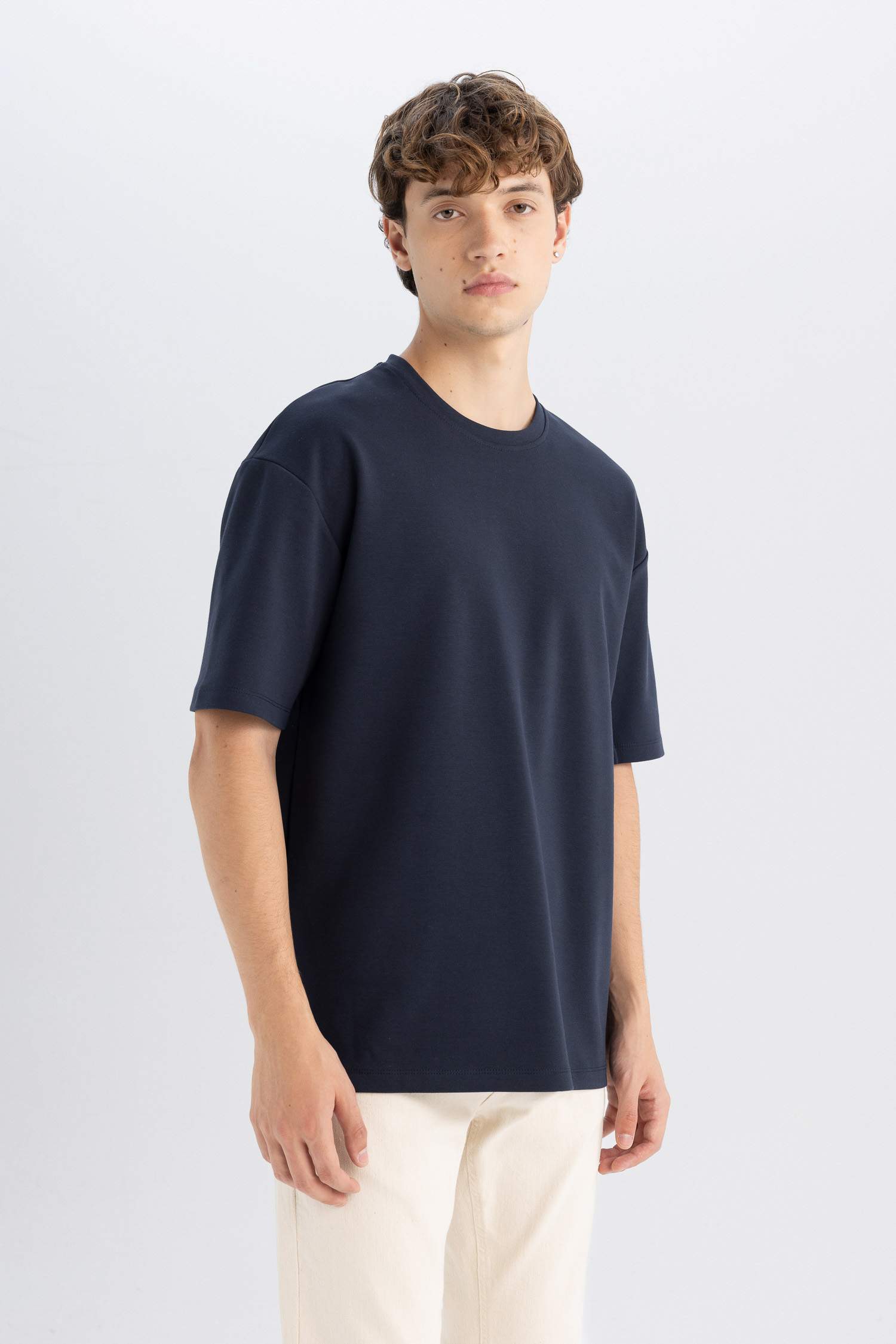 Boxy Fit Bisiklet Yaka Pamuklu Kısa Kollu Basic Düz Ağır Kumaş Tişört