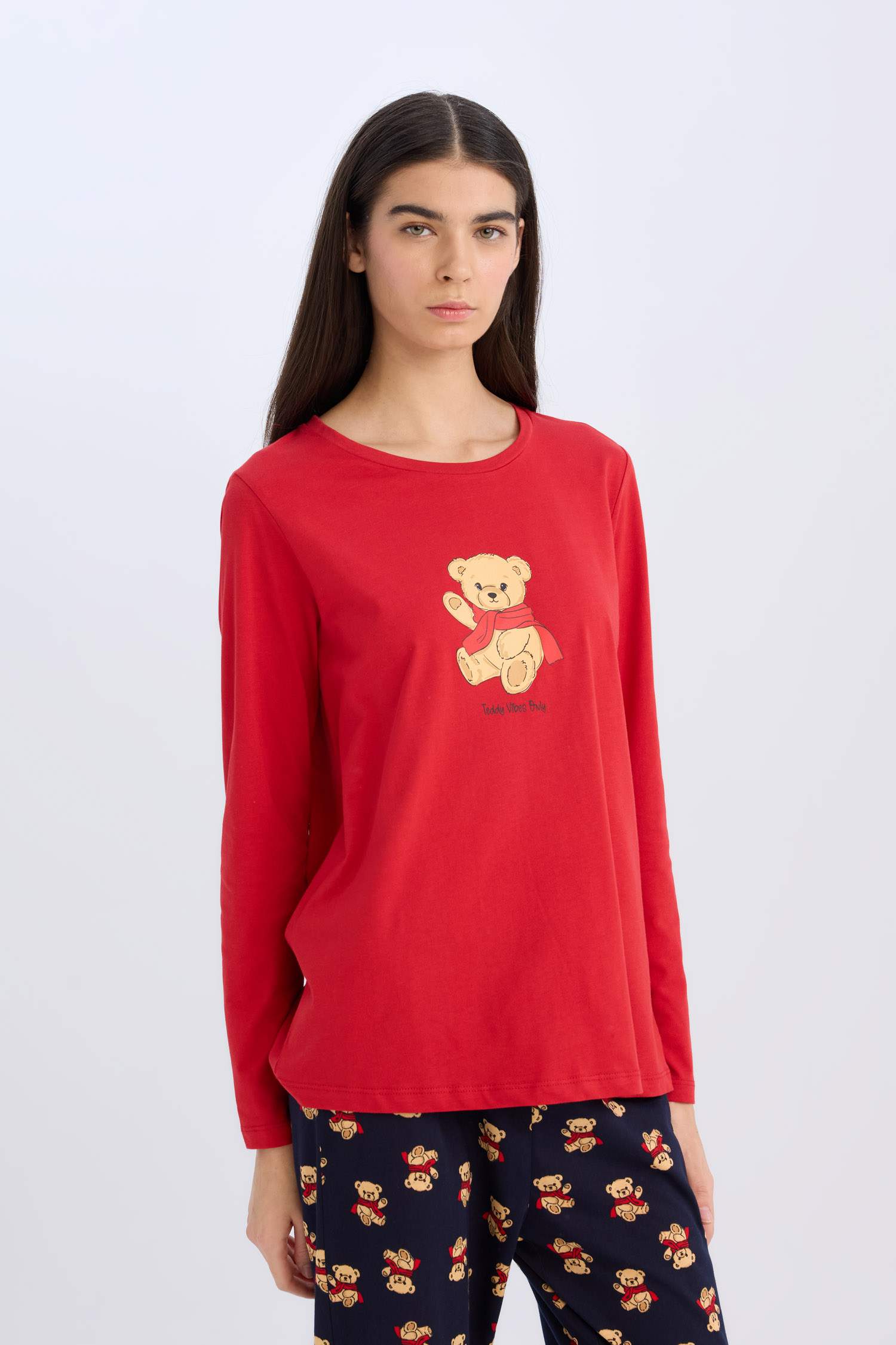 Pijama Takımı Uzun Kollu Ayıcık Baskılı Üst Beli Lastikli Desenli Alt-Fall in Love