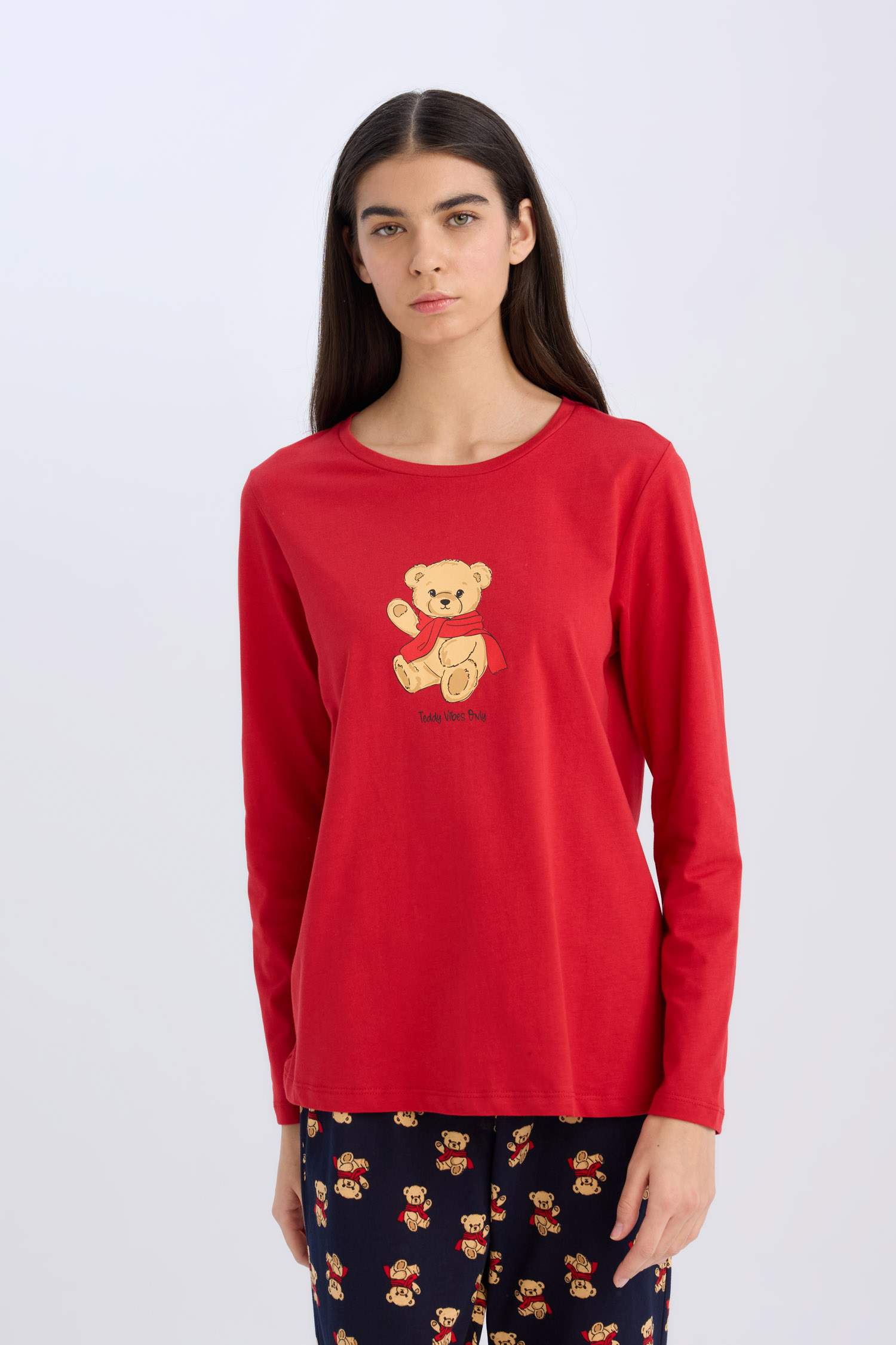 Pijama Takımı Uzun Kollu Ayıcık Baskılı Üst Beli Lastikli Desenli Alt-Fall in Love