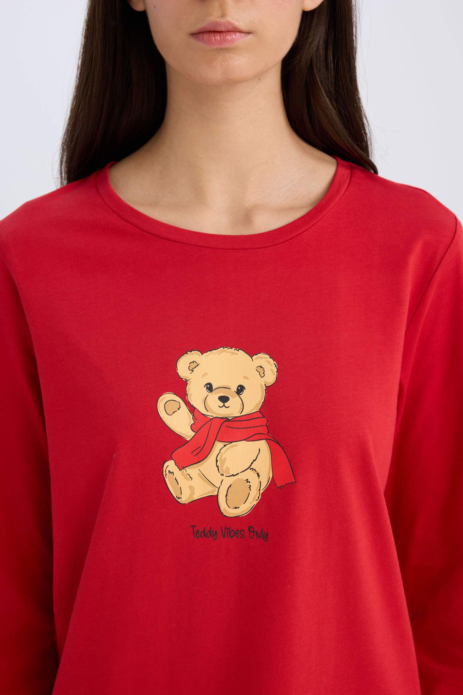 Pijama Takımı Uzun Kollu Ayıcık Baskılı Üst Beli Lastikli Desenli Alt-Fall in Love