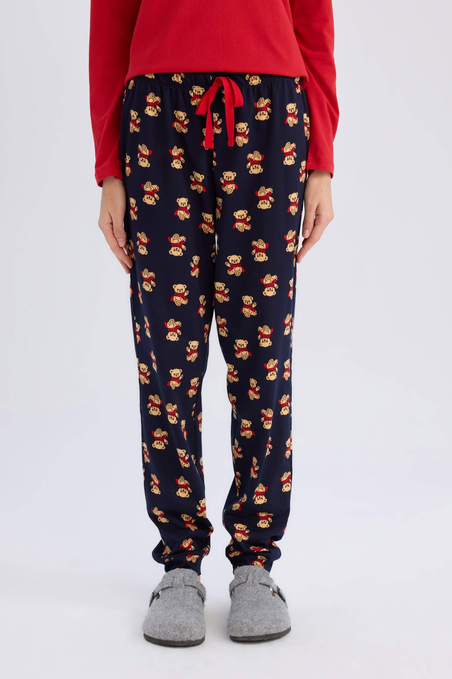 Pijama Takımı Uzun Kollu Ayıcık Baskılı Üst Beli Lastikli Desenli Alt-Fall in Love