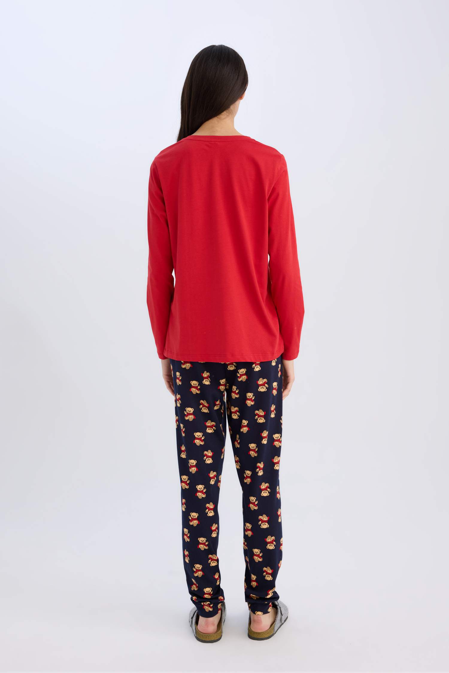 Pijama Takımı Uzun Kollu Ayıcık Baskılı Üst Beli Lastikli Desenli Alt-Fall in Love