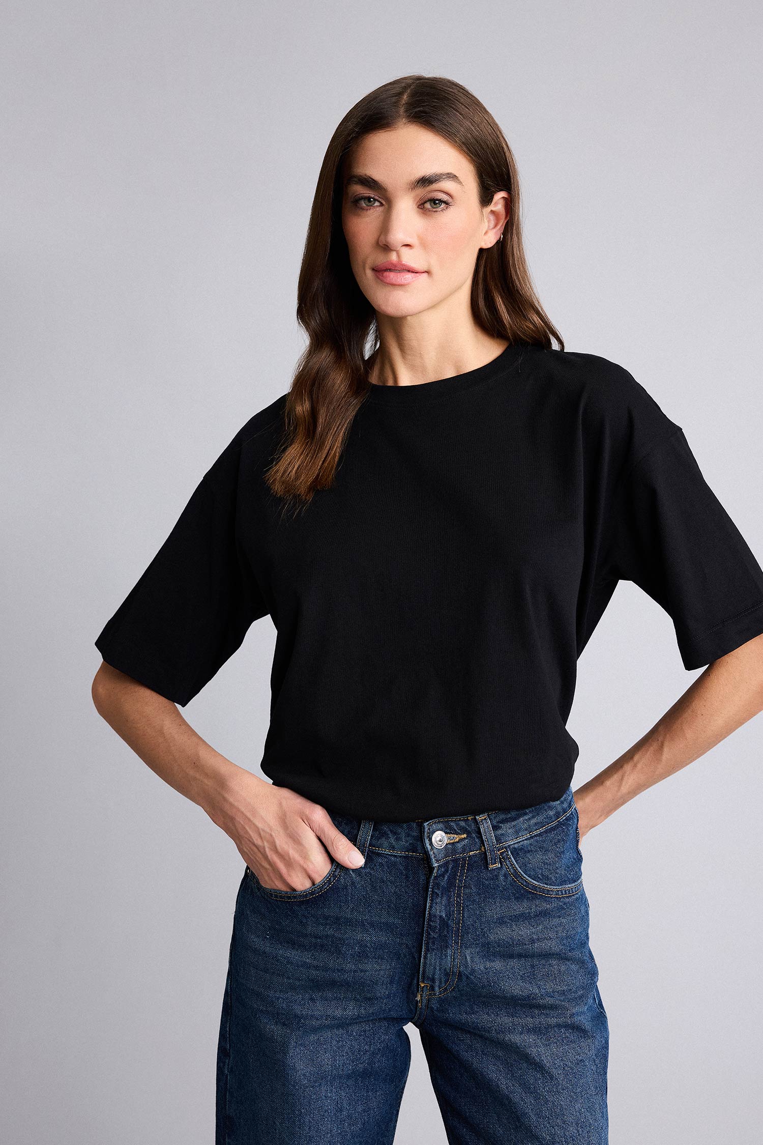 Black WOMAN Oversize Fit Crew Neck Basic Short Sleeve T-Shirt