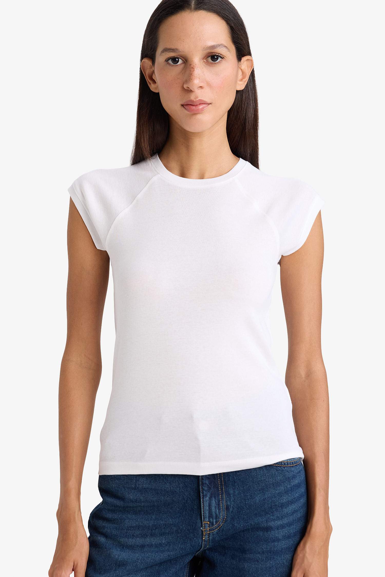 Slim Fit Dar Kesim Bisiklet Yaka Basic Düz Ribana Kısa Kollu Tişört