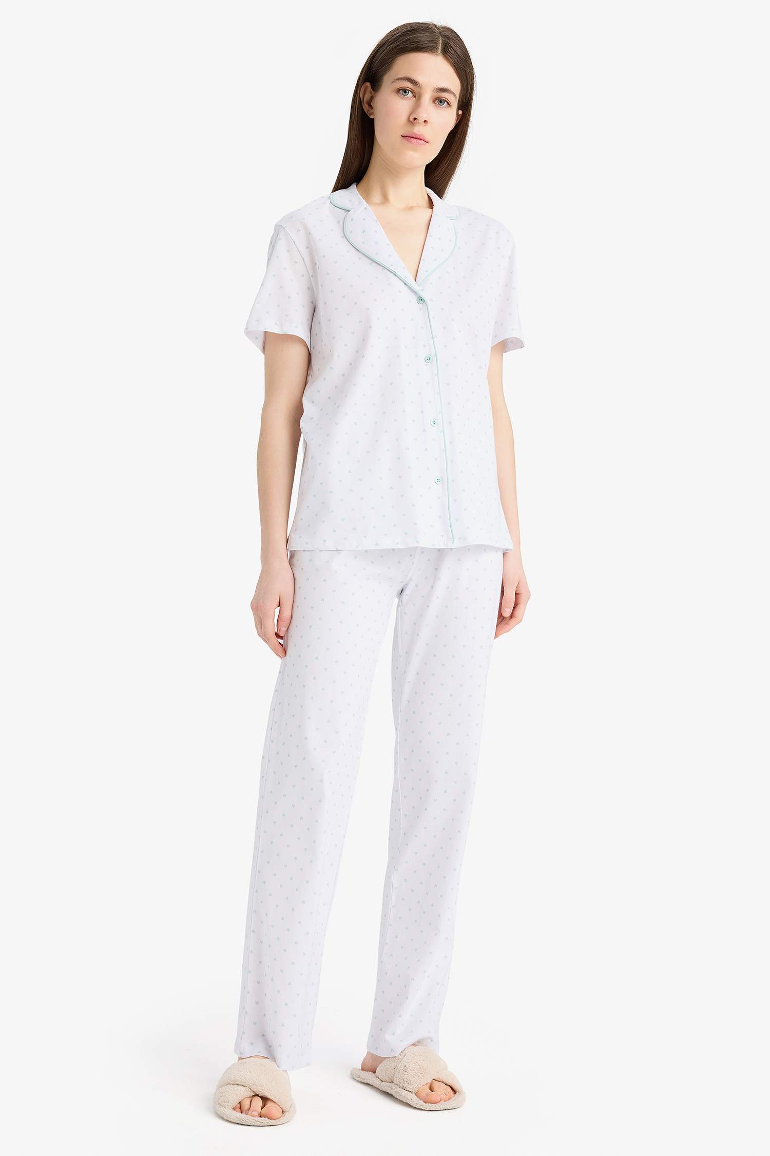 Regular Fit Pijama Takımı Kısa Kollu Üst Beli Lastikli Uzun Alt-Fall in Love