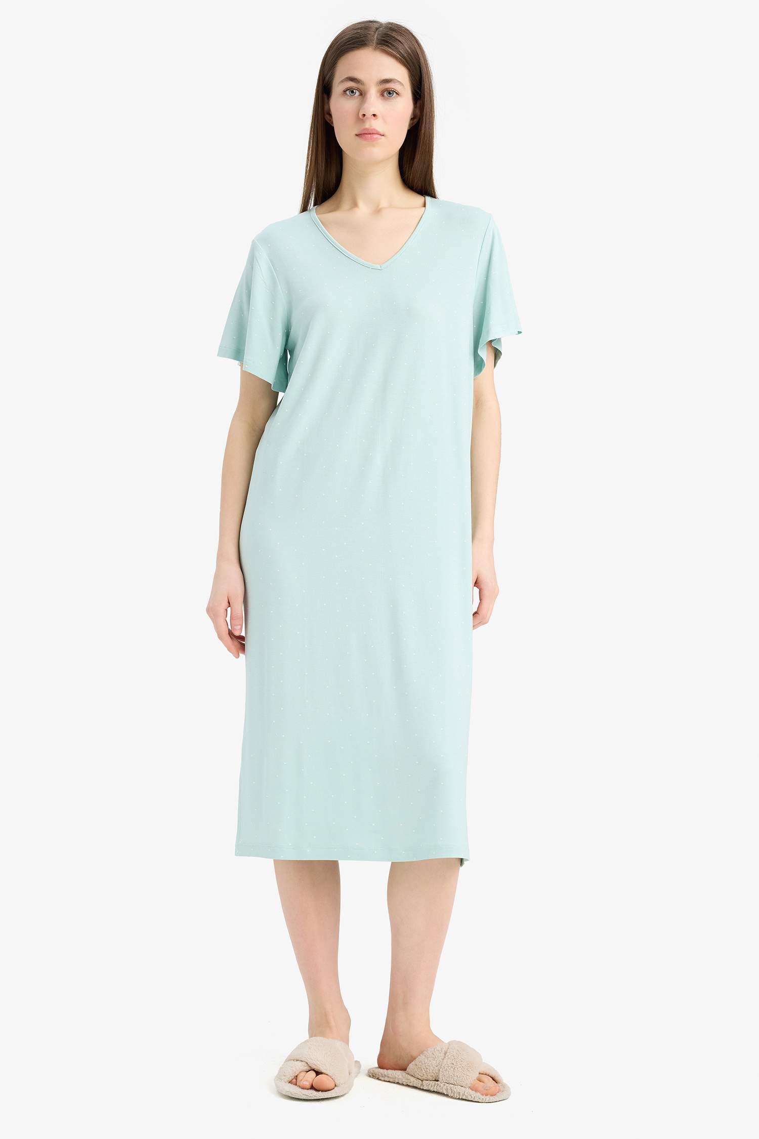 V Yaka Kısa Kollu Gecelik-Fall in Love