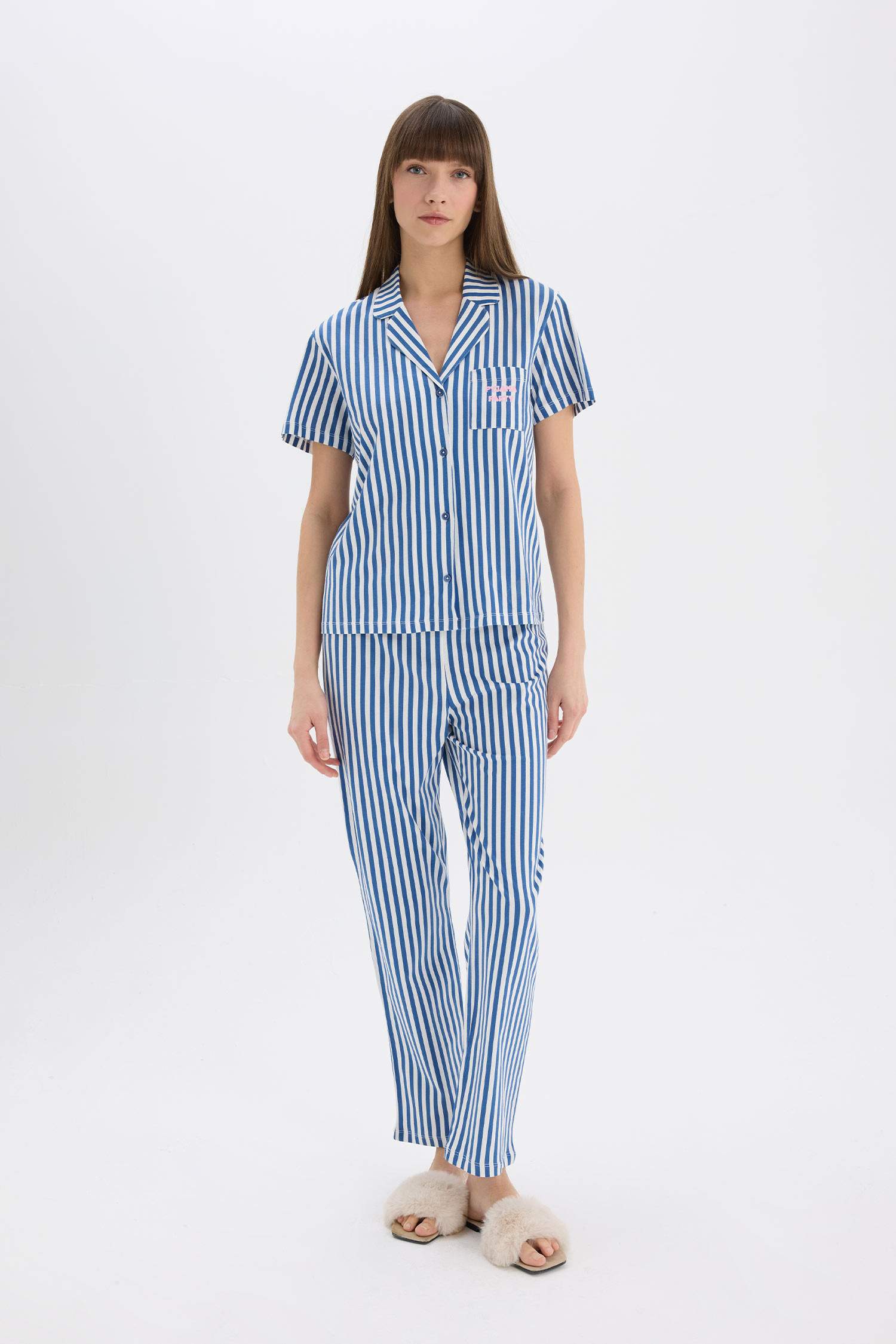 Pijama Takımı Çizgili Kısa Kollu Üst Beli Lastikli Uzun Alt-Fall in Love