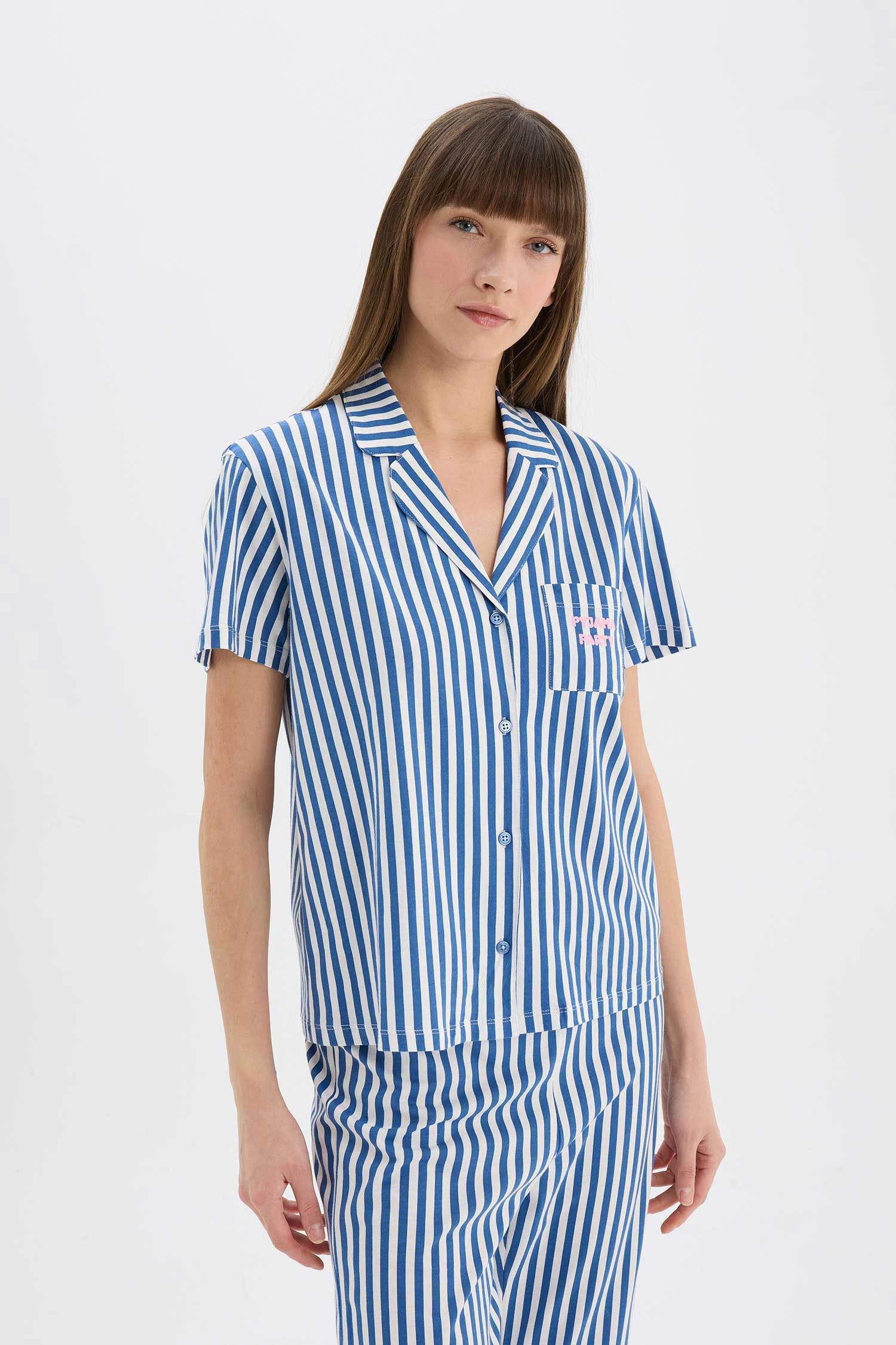 Pijama Takımı Çizgili Kısa Kollu Üst Beli Lastikli Uzun Alt-Fall in Love