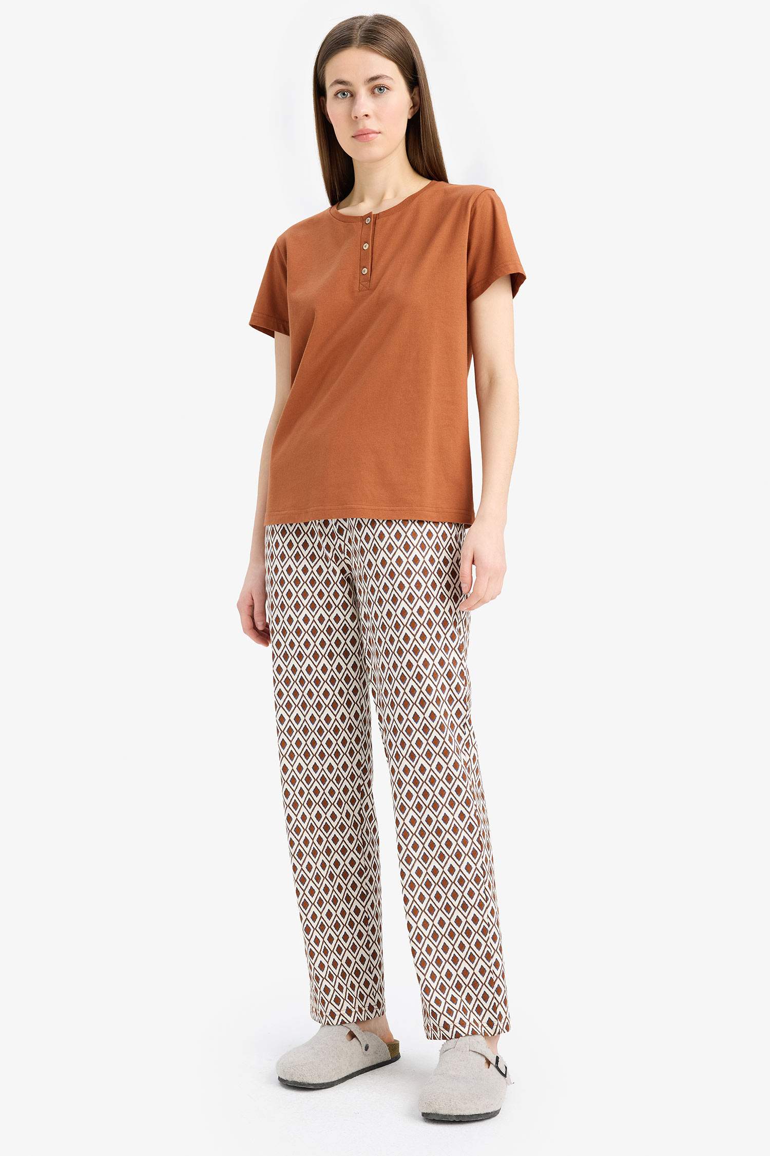 Pijama Takımı Kısa Kollu Üst Beli Lastikli Uzun Alt