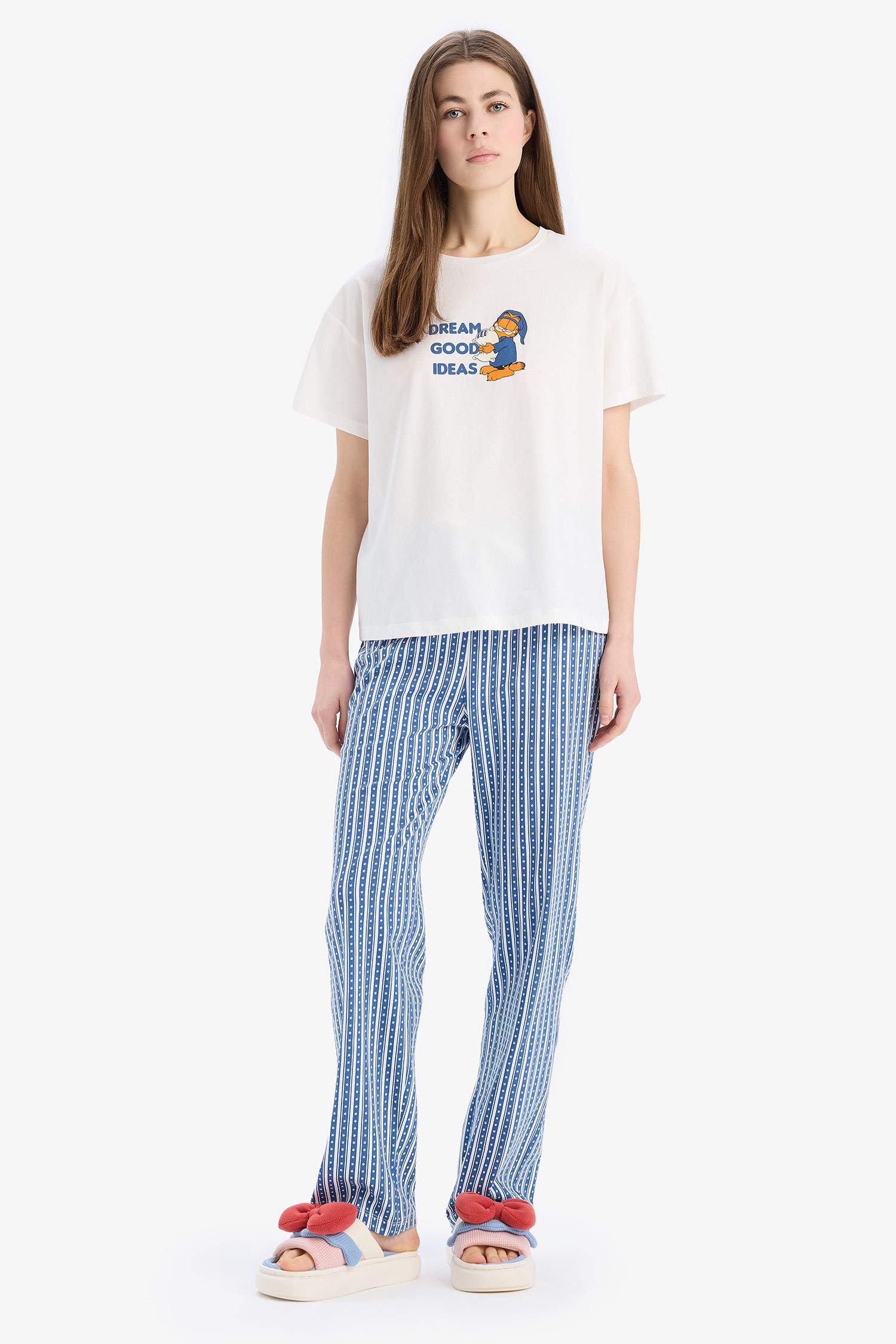 Garfield Pijama Takımı Kısa Kollu Üst Beli Lastikli Uzun Alt