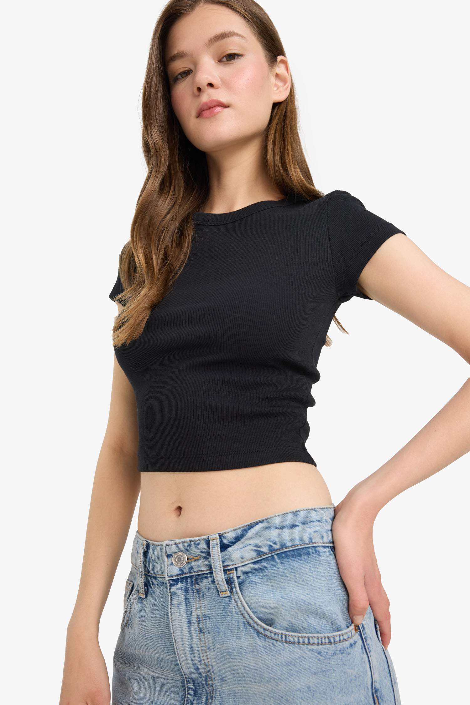 Coool Fitted Basic Düz Fitilli Kaşkorse Kısa Kollu Siyah Tişört