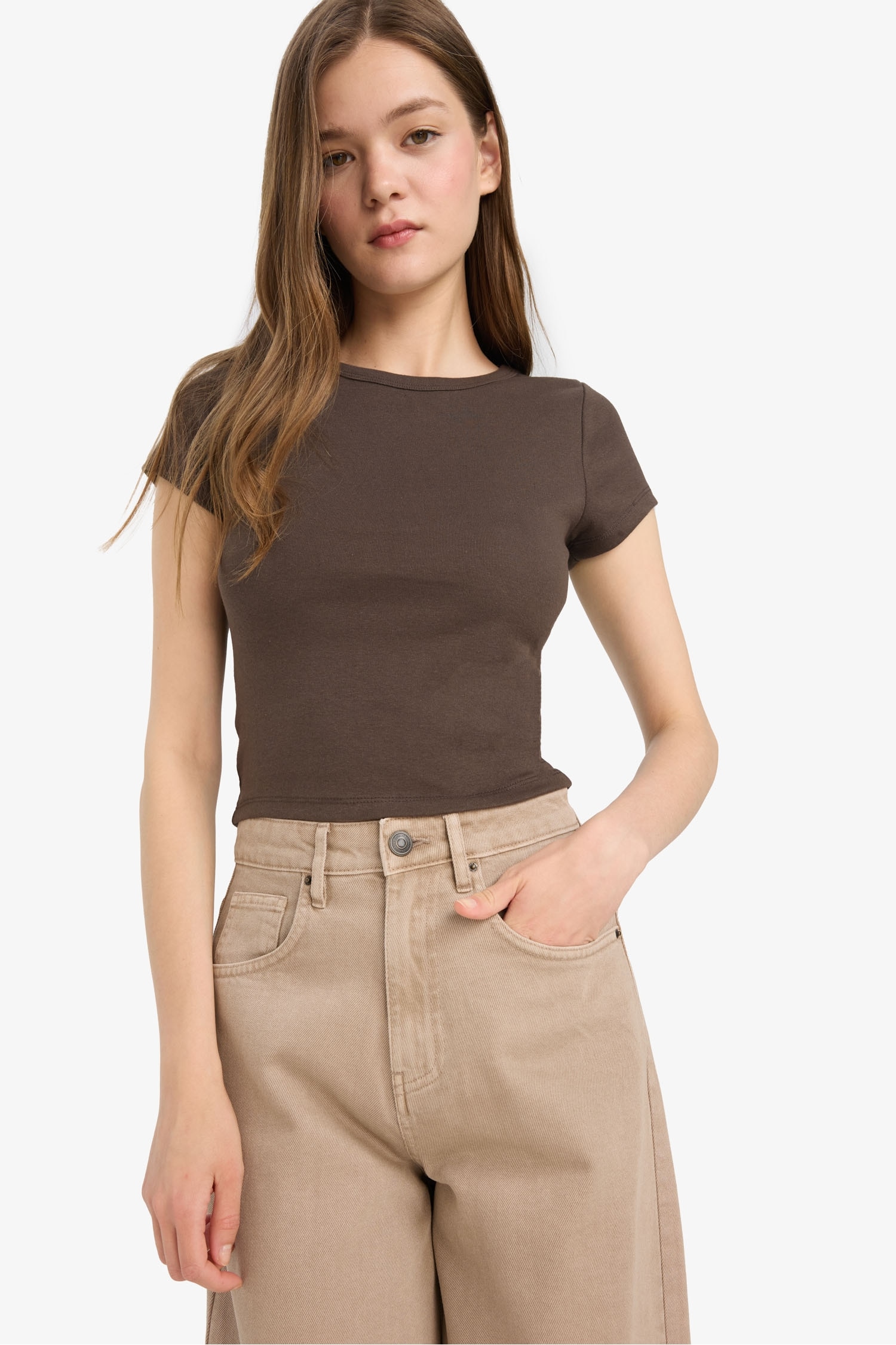 Coool Fitted Bisiklet Yaka Ribana Kısa Kollu Tişört