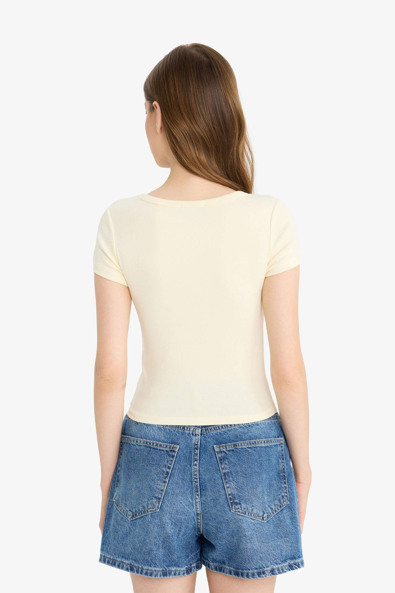 Fitted Bisiklet Yaka Ribana Kısa Kollu Tişört