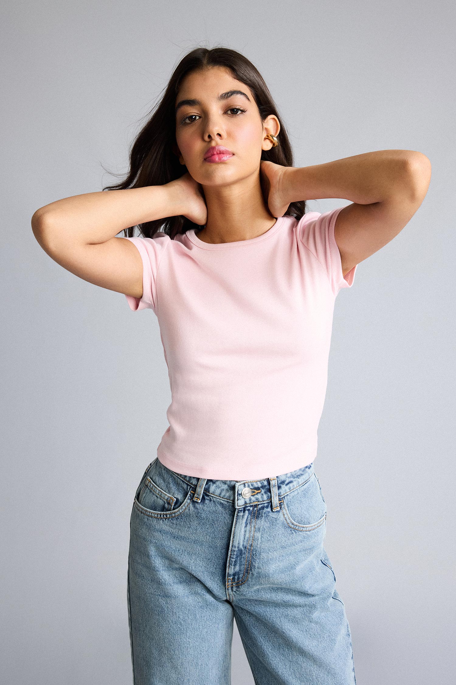 DeFacto Fitted Bisiklet Yaka Ribana Basic Tişört görsel 3