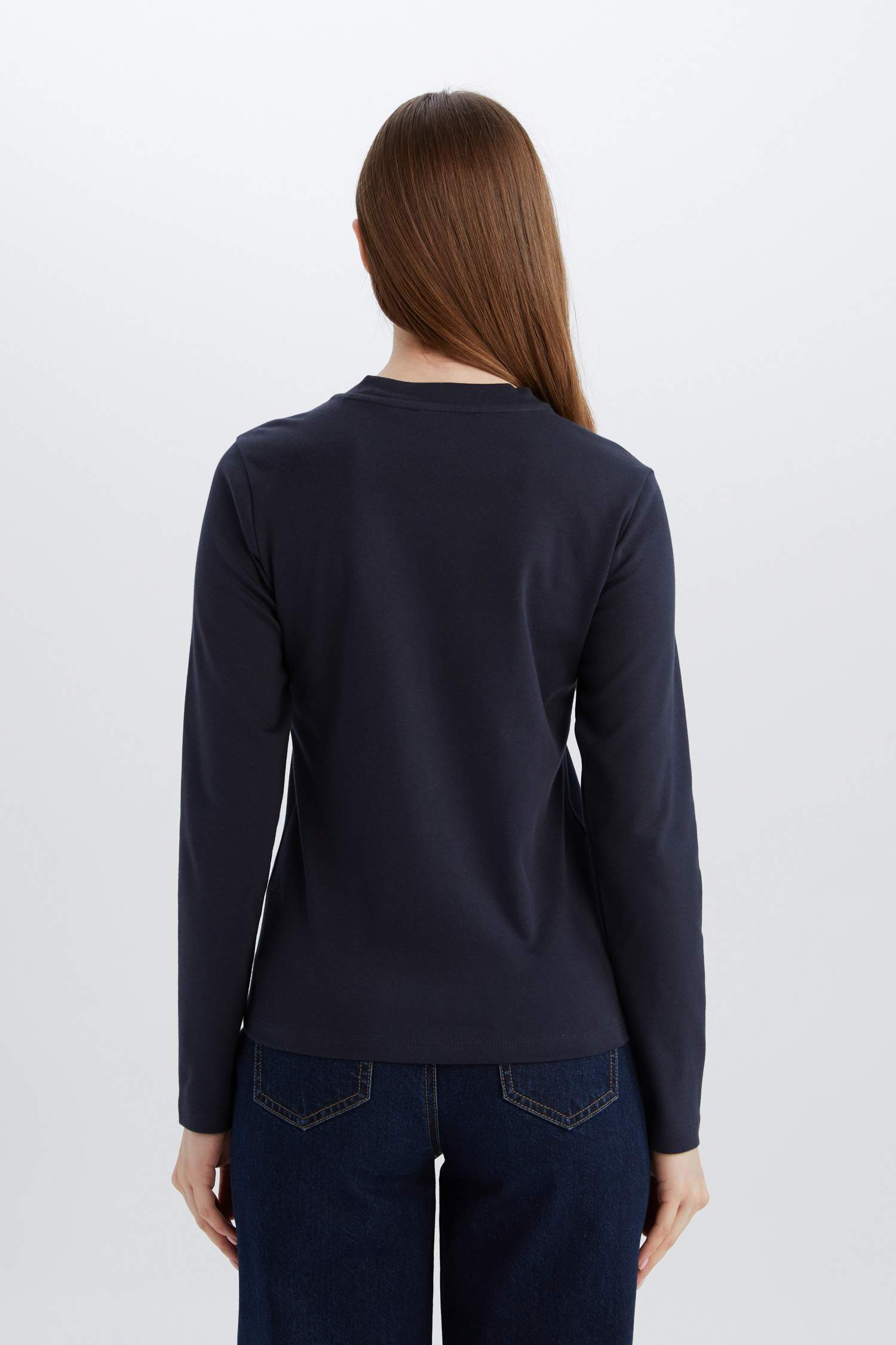 Regular Fit Bisiklet Yaka Basic Düz Pamuklu Uzun Kollu Tişört