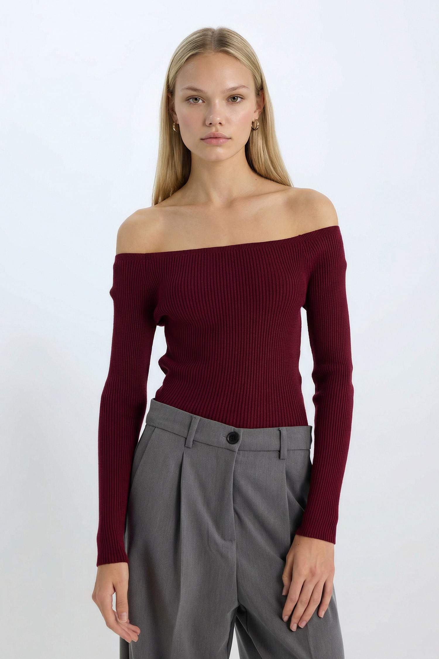 Fitted Açık Omuz Basic Düz Bordo Triko Kazak