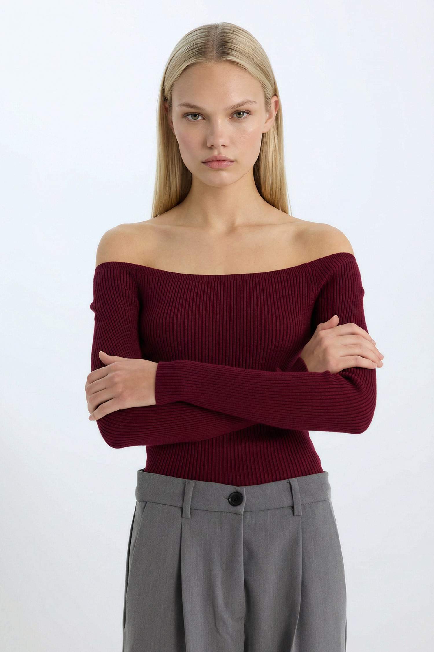 Fitted Açık Omuz Basic Düz Bordo Triko Kazak