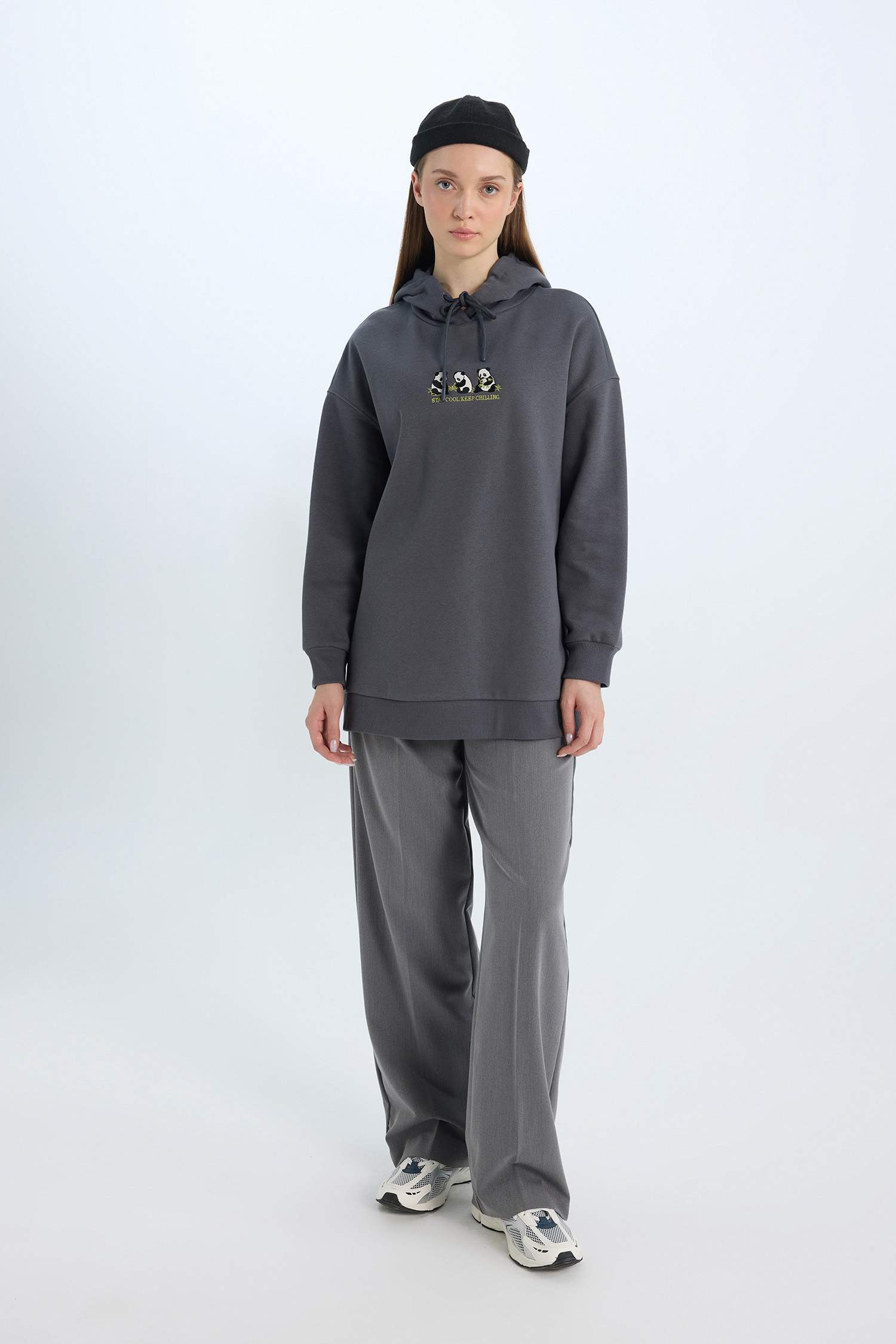 Regular Fit Kapüşonlu Baskılı İçi Yumuşak Tüylü Kalın Sweatshirt Tunik