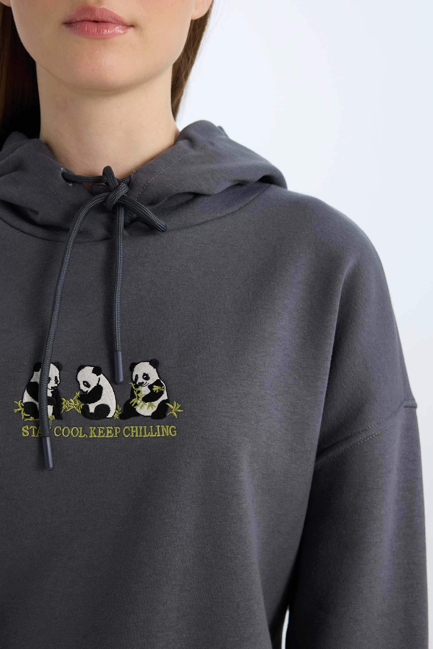 سويت تونيك قماش سميك مطبوع قصة عادية بغطاء للرأس ببطانة ناعمة