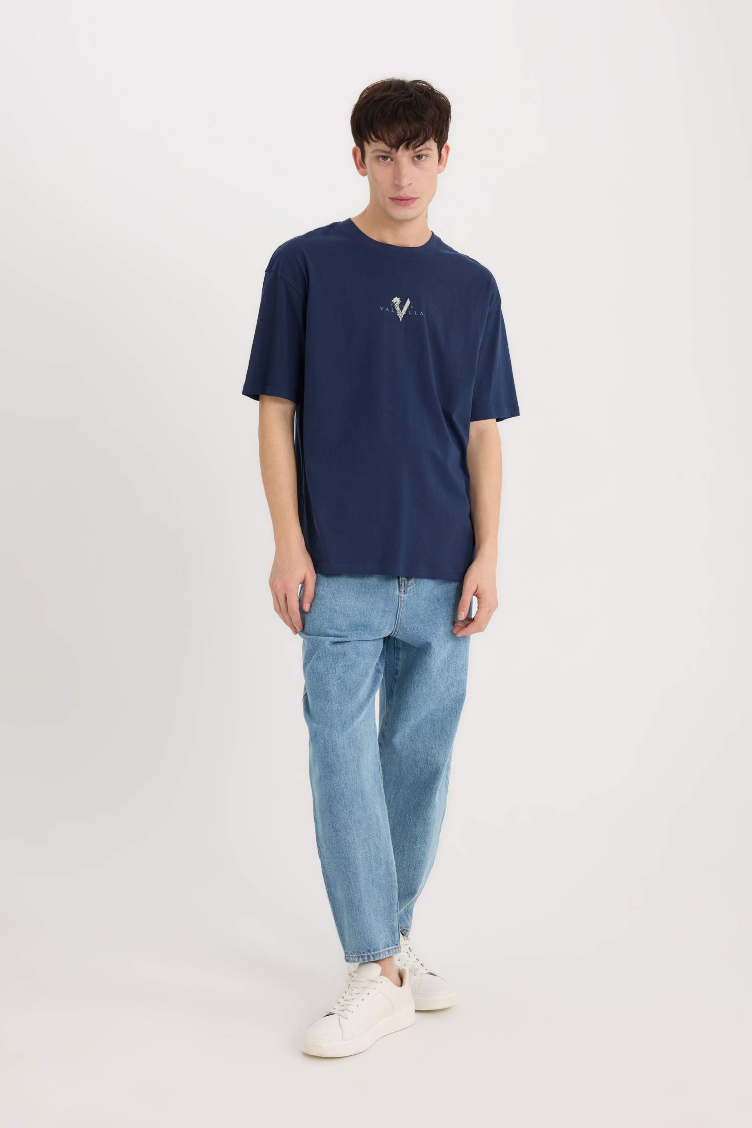 T-shirt boxy en coton imprimé Vikings Valhalla à col rond