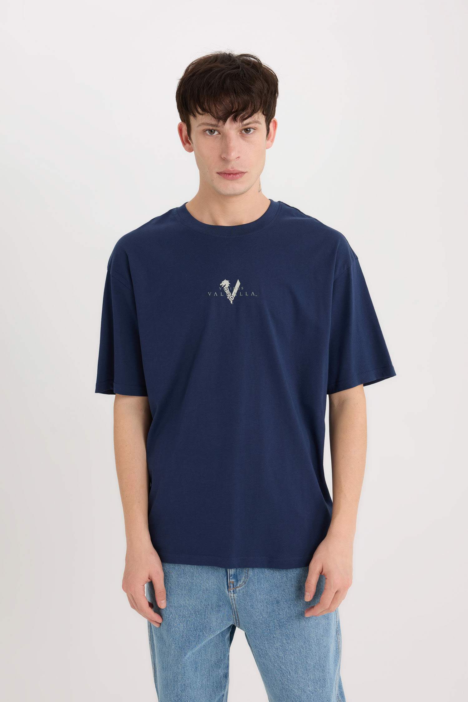 T-shirt boxy en coton imprimé Vikings Valhalla à col rond