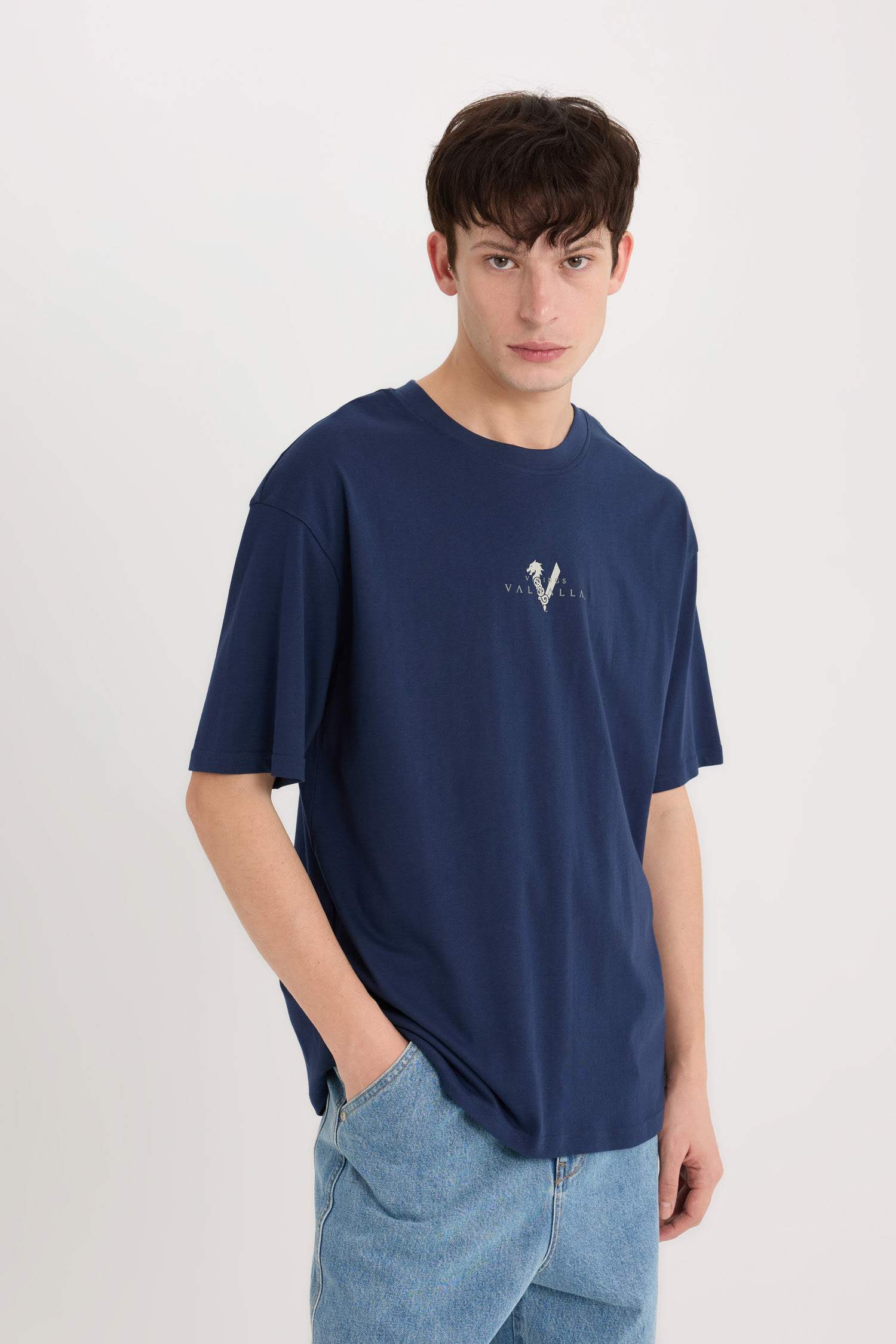 T-shirt boxy en coton imprimé Vikings Valhalla à col rond