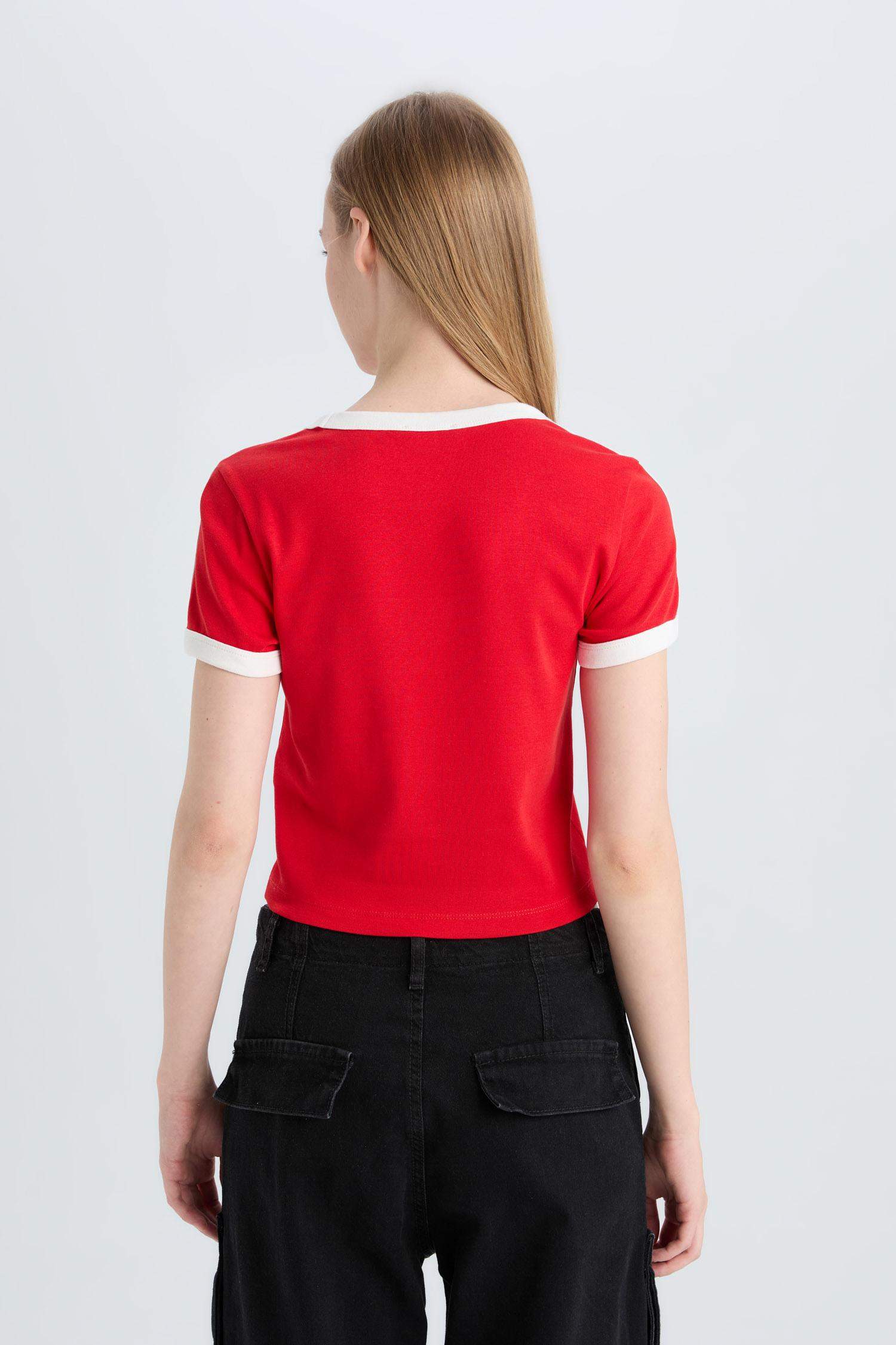 Fitted Baskılı Ribana Kısa Kollu Tişört