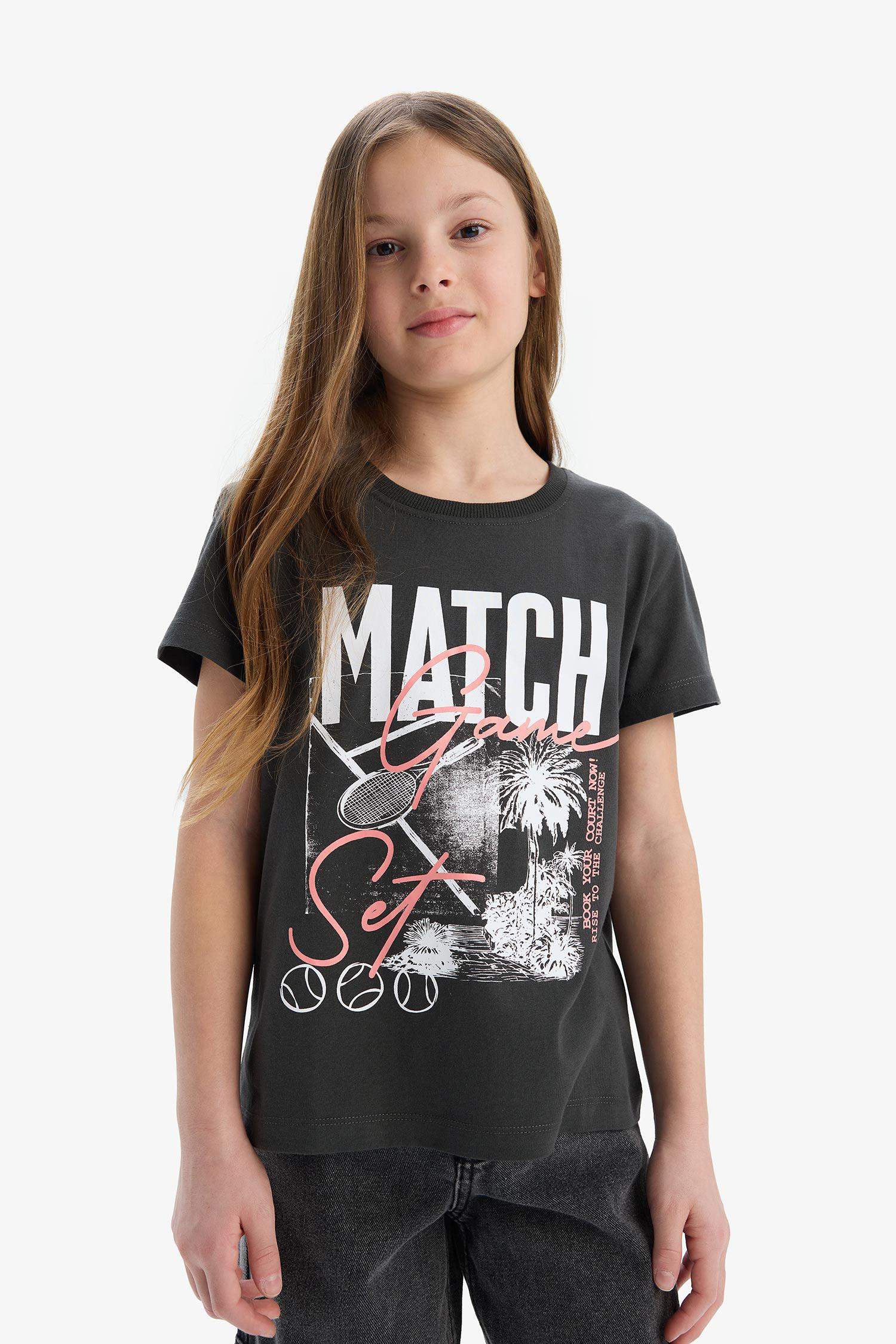 Kız Çocuk Bisiklet Yaka Baskılı Kısa Kollu Tişört