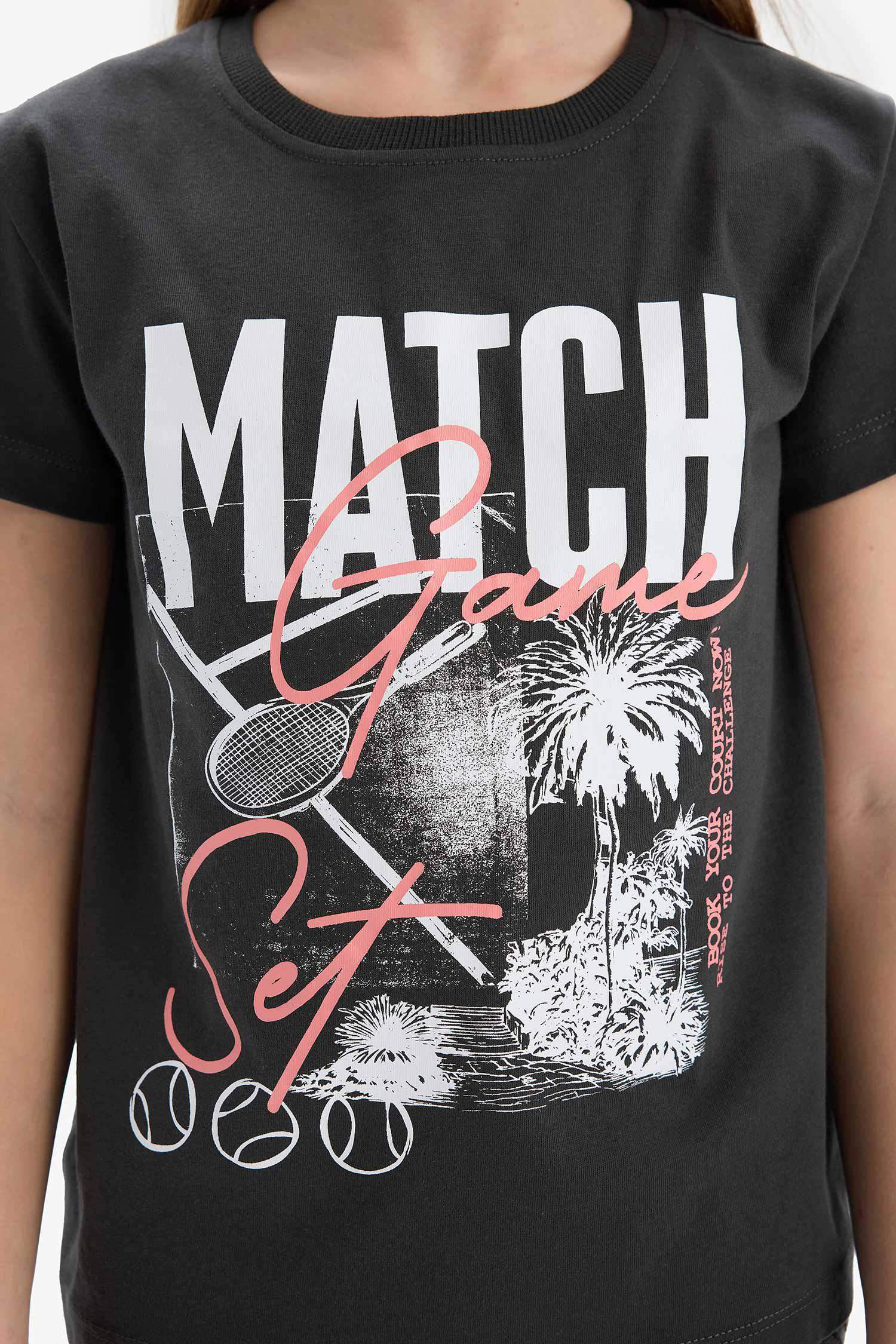 Kız Çocuk Bisiklet Yaka Baskılı Kısa Kollu Tişört