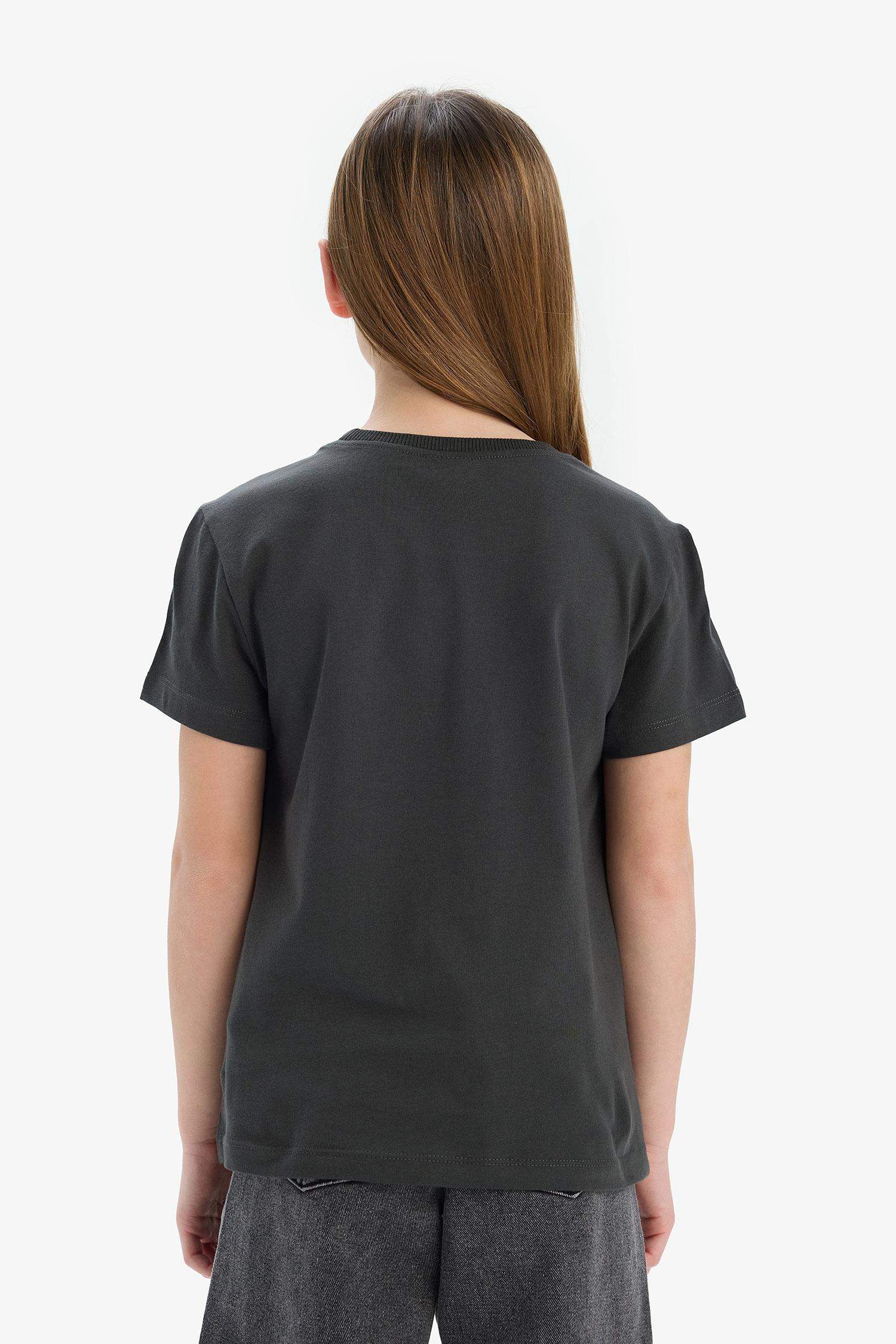 Kız Çocuk Bisiklet Yaka Baskılı Kısa Kollu Tişört