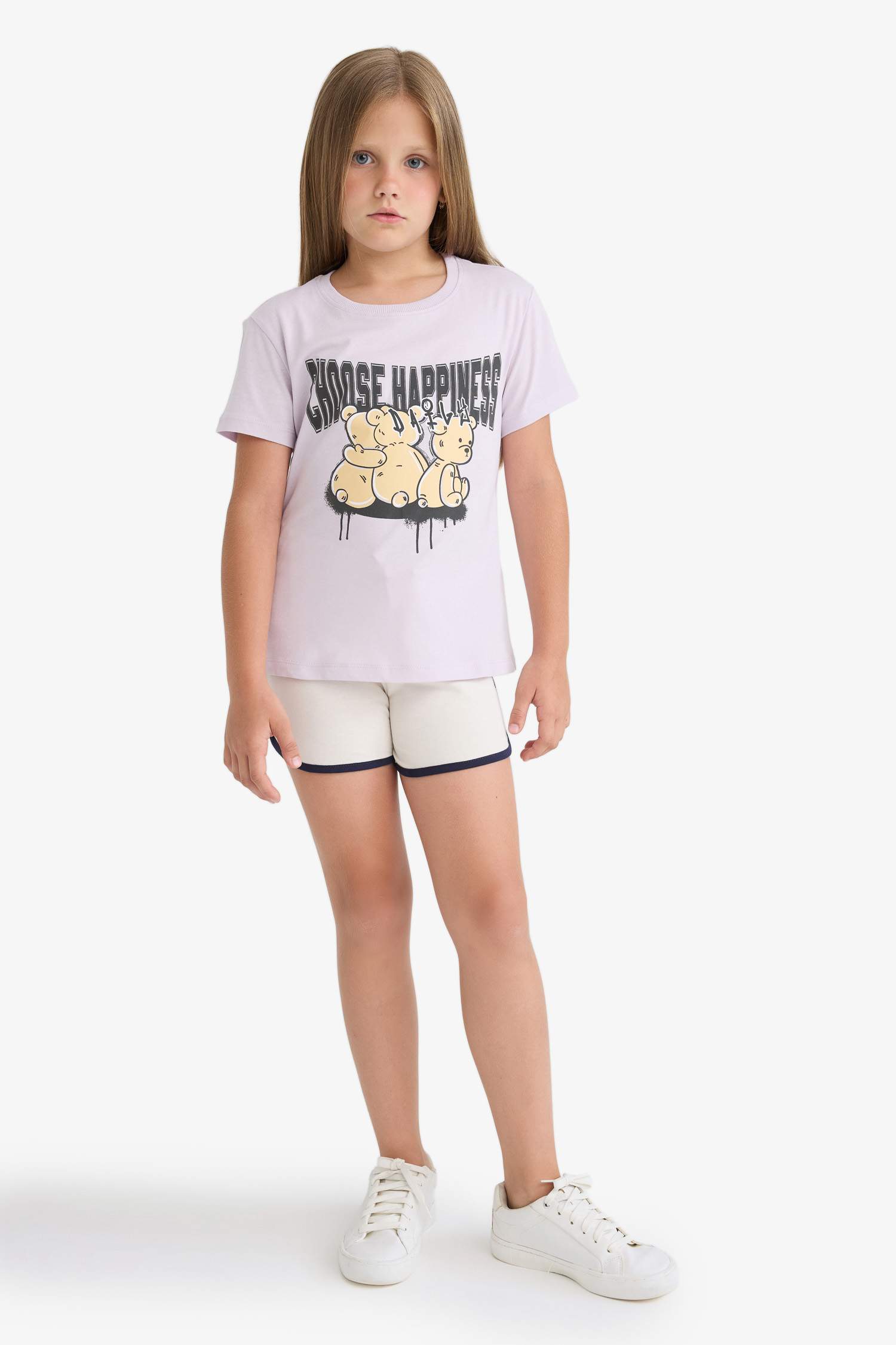 Kız Çocuk Bisiklet Yaka Baskılı Kısa Kollu Tişört