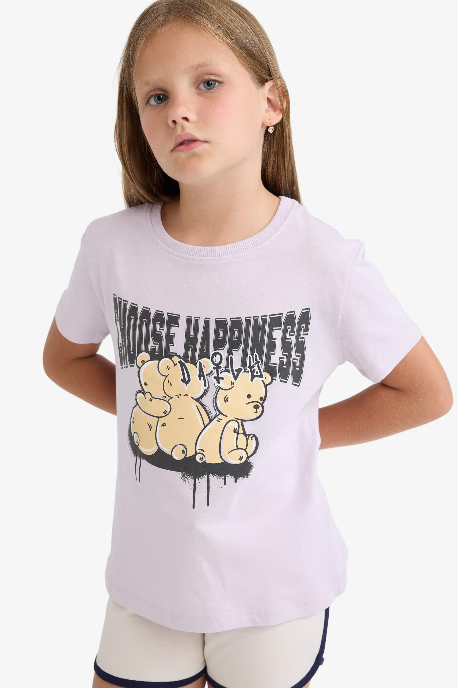 Kız Çocuk Bisiklet Yaka Baskılı Kısa Kollu Tişört