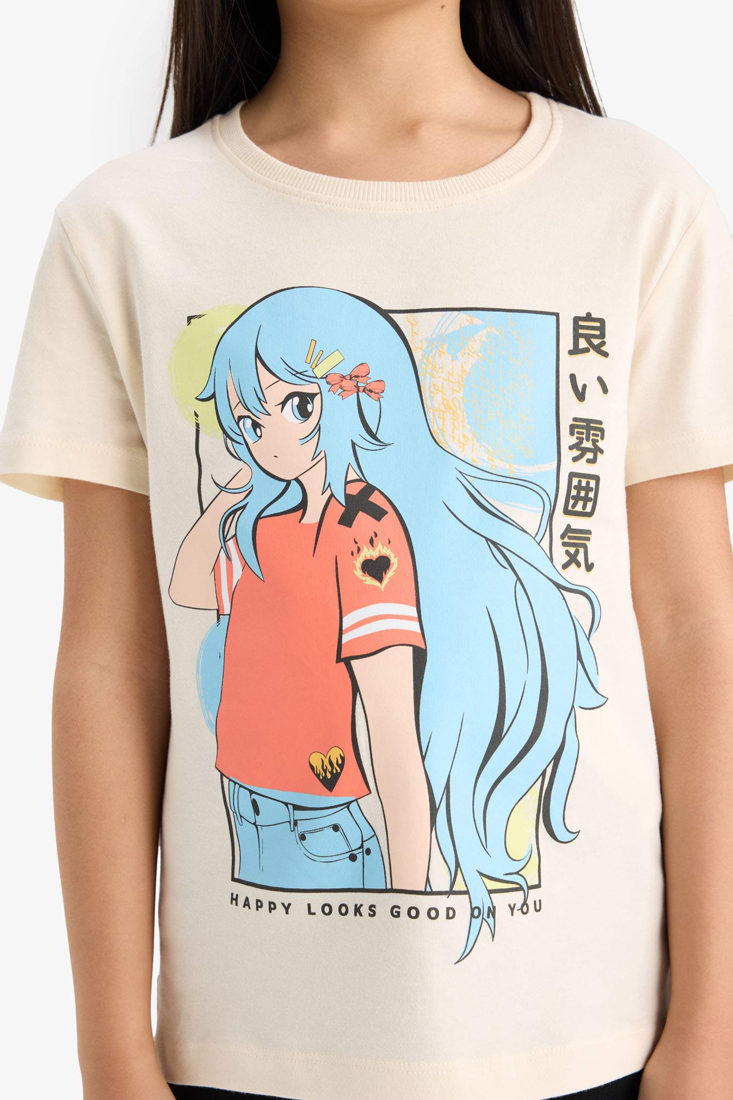 Kız Çocuk Bisiklet Yaka Anime Baskılı Kısa Kollu Tişört