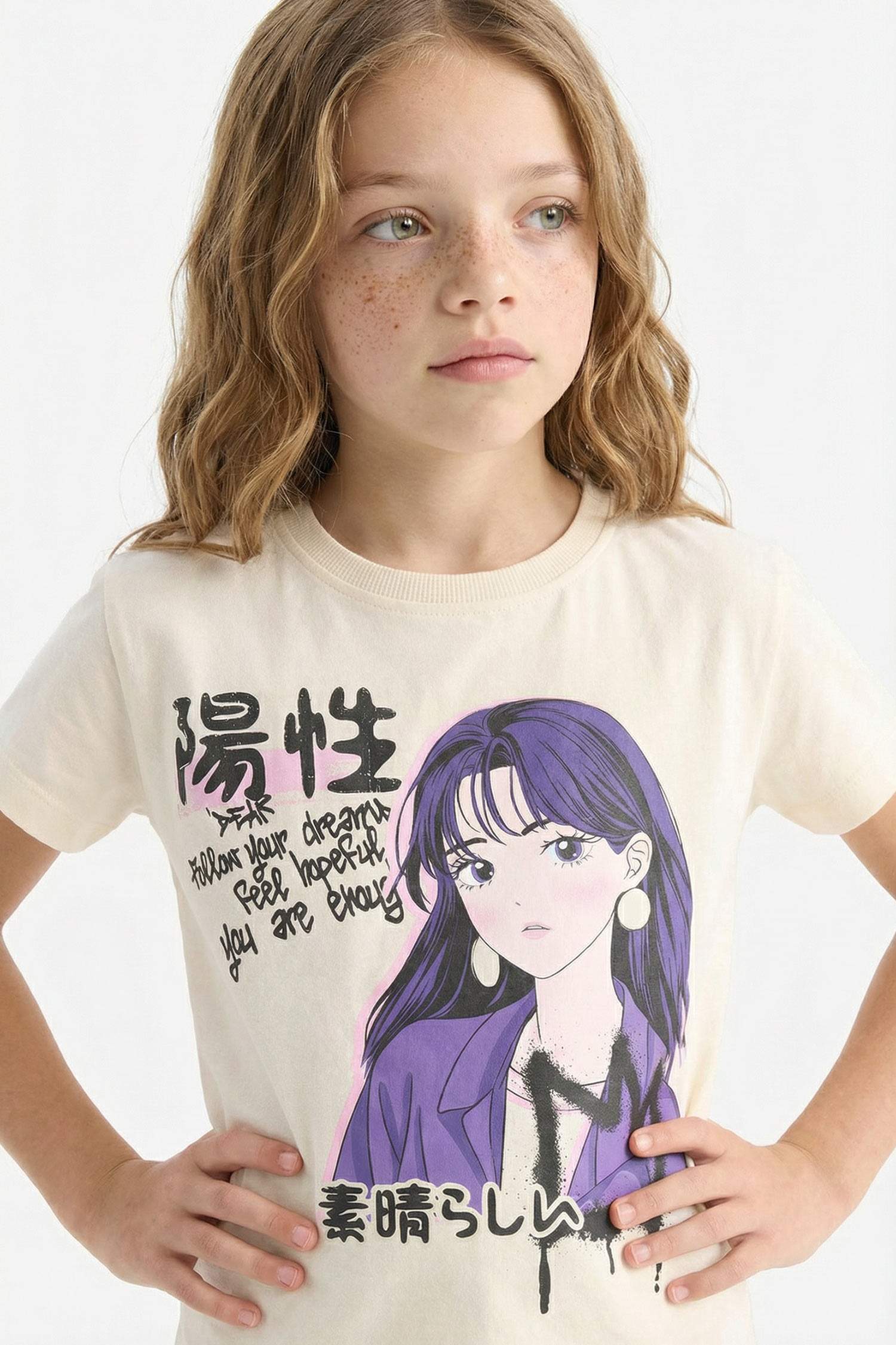 Bisiklet Yaka Baskılı Kısa Kollu Tişört Kız Çocuk