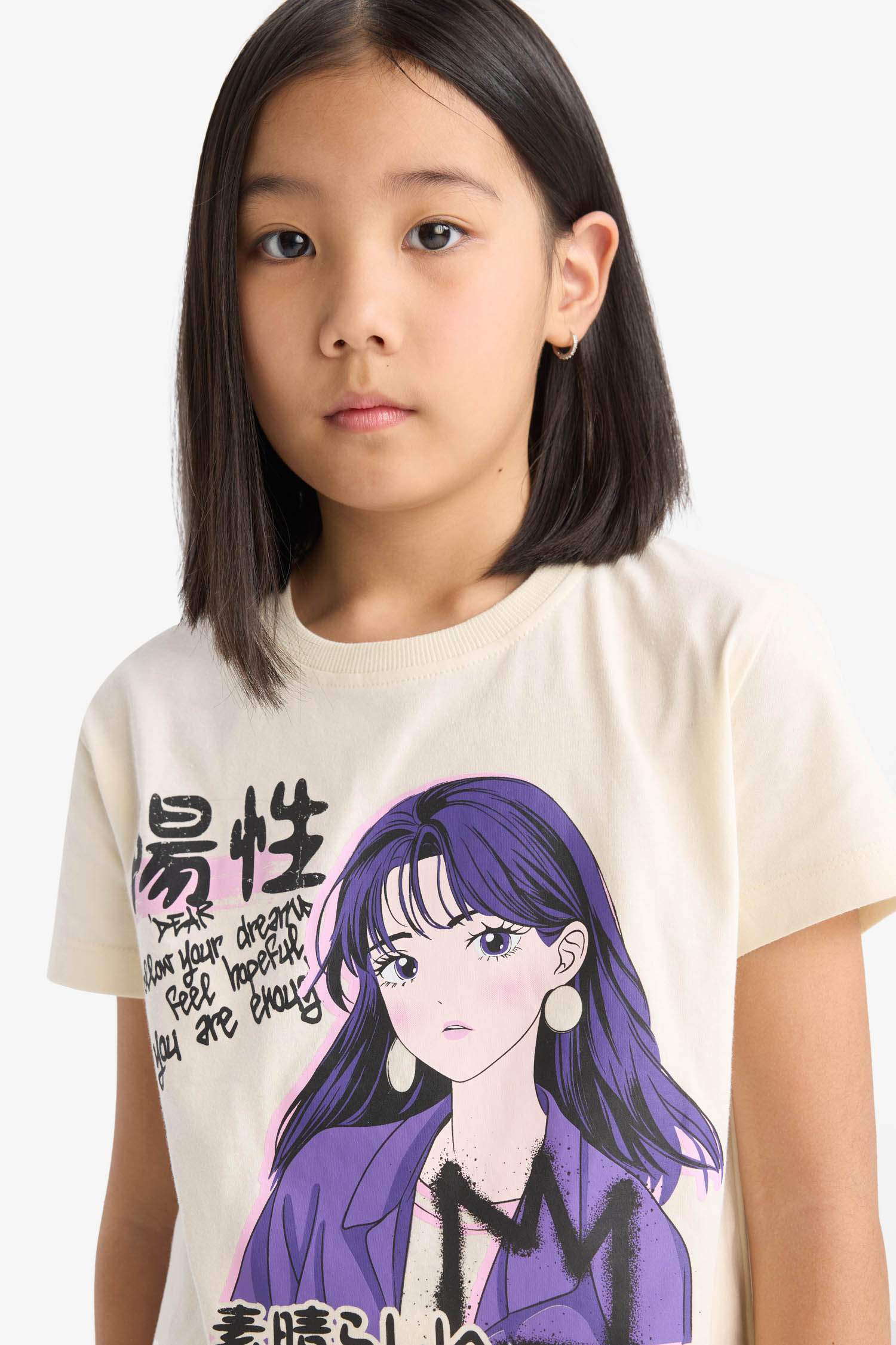 Kız Çocuk Bisiklet Yaka Baskılı Kısa Kollu Tişört