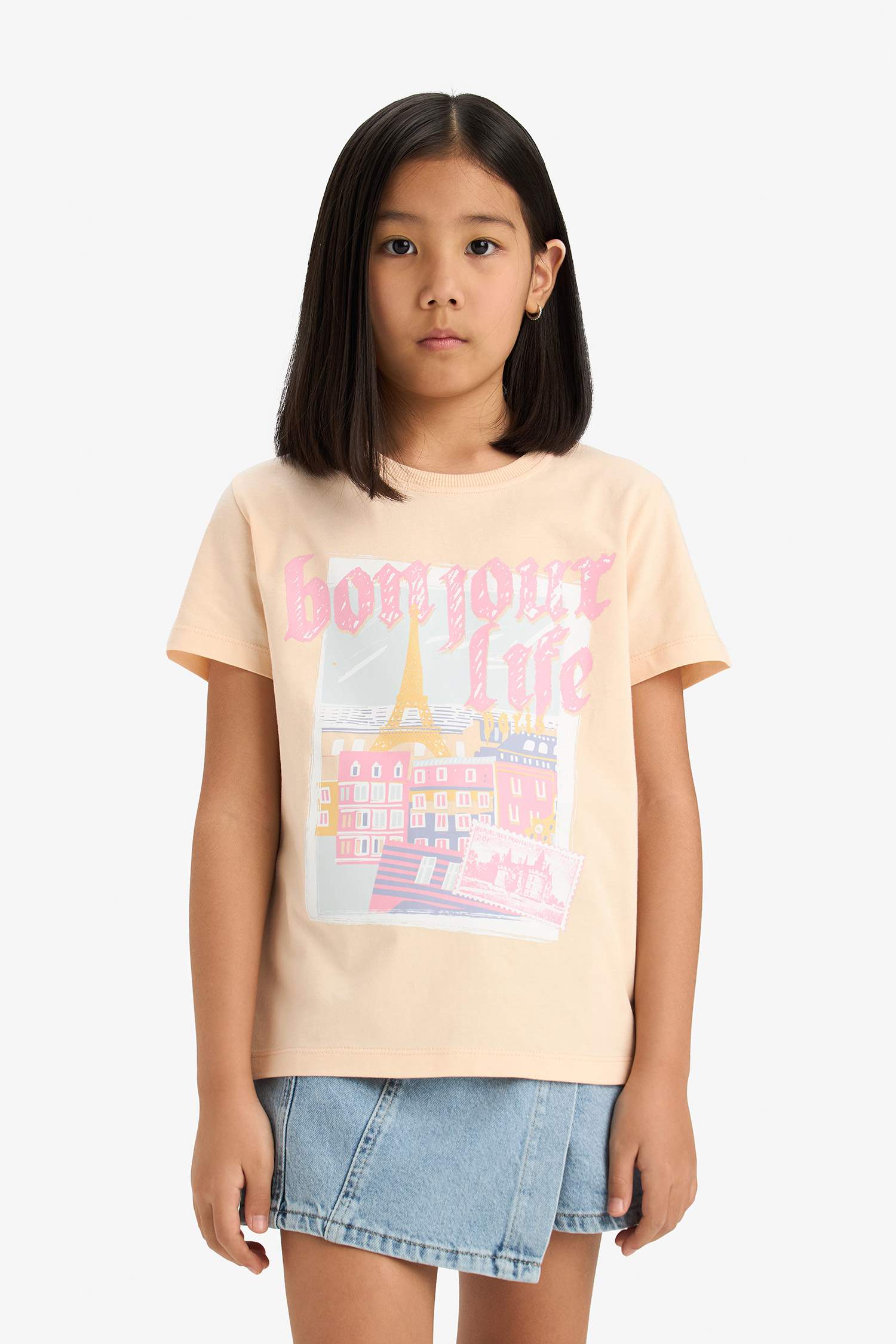 Kız Çocuk Bisiklet Yaka Baskılı Kısa Kollu Tişört