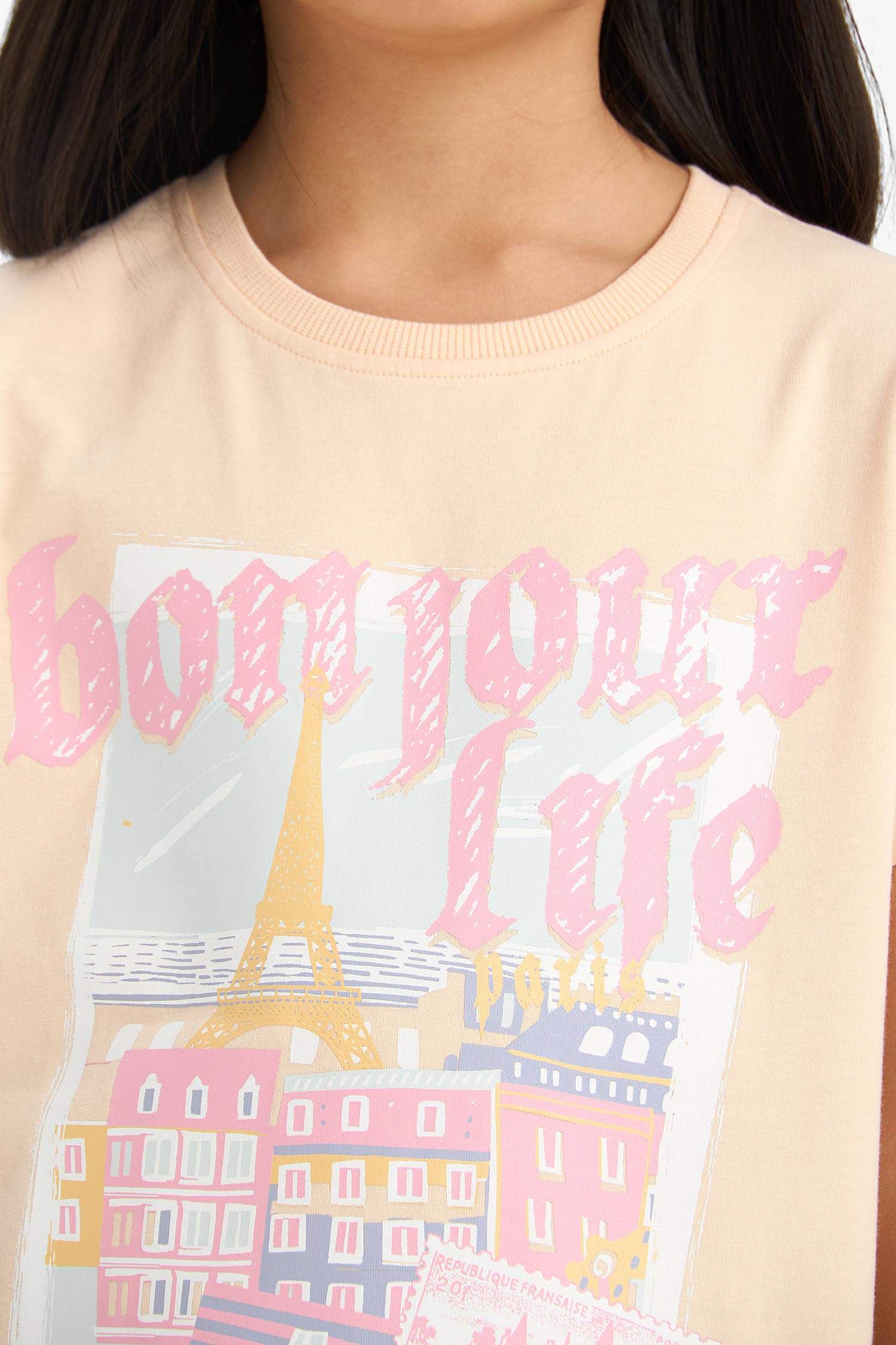 Kız Çocuk Bisiklet Yaka Baskılı Kısa Kollu Tişört