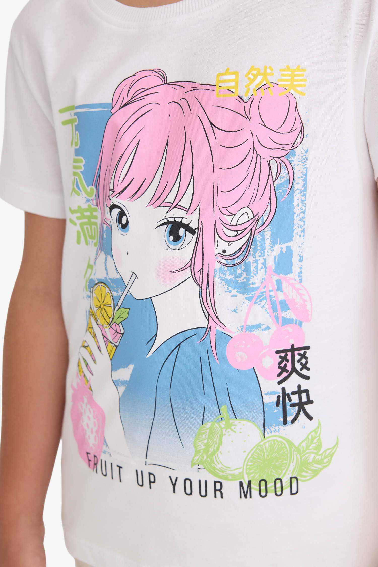 Bisiklet Yaka Anime Baskılı Kısa Kollu Tişört Kız Çocuk